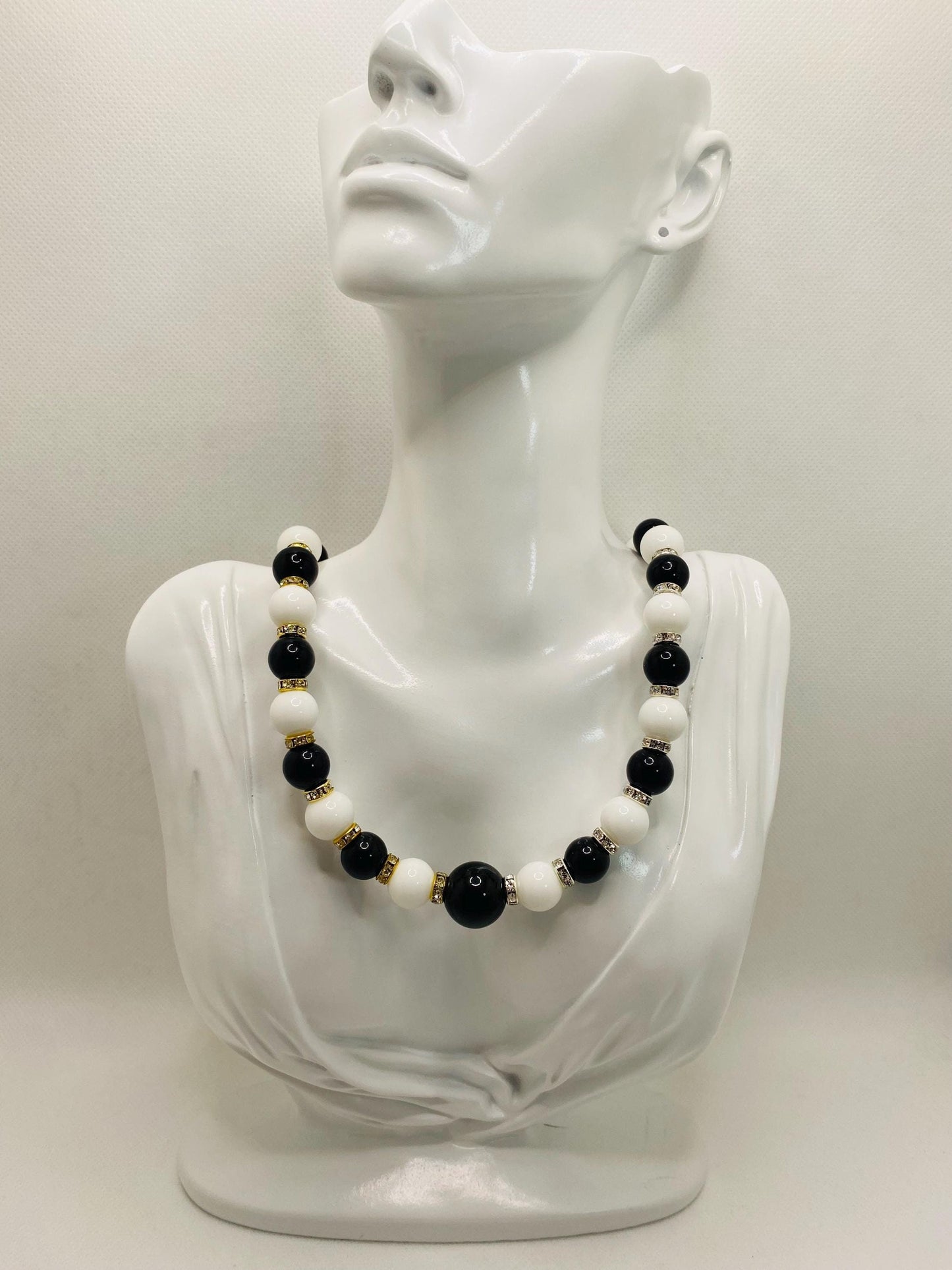 Handmade Onyx Gemstone Necklace: Black & White Beaded Jewelry