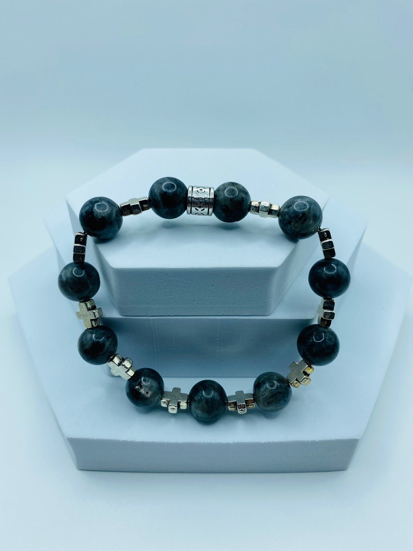 Mens Labradorite Beaded Bracelet with Silver Cross Charms