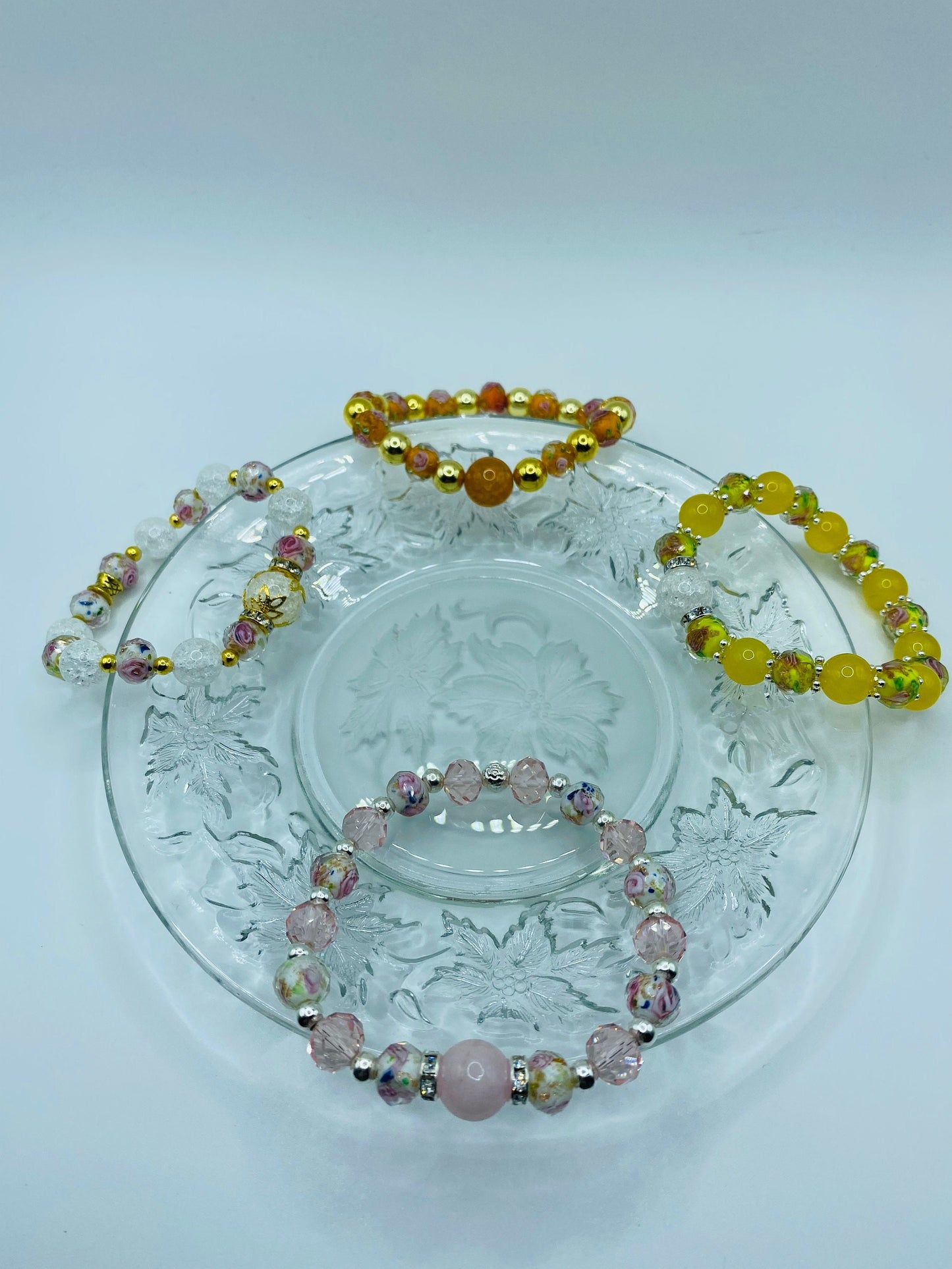 Rose Quartz Bracelet: Lampwork Floral Glass & Pink Crystal Beads