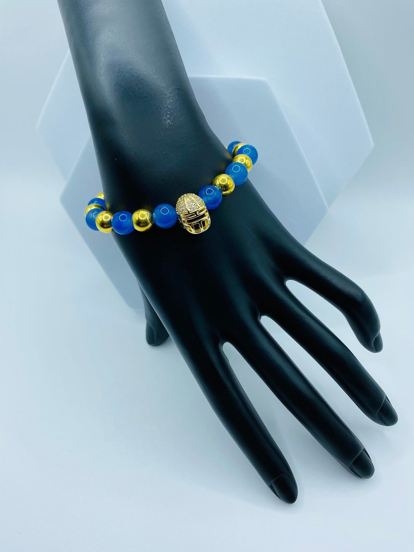 UCLA Football Bracelet: Blue Agate, Gold Helmet Charm