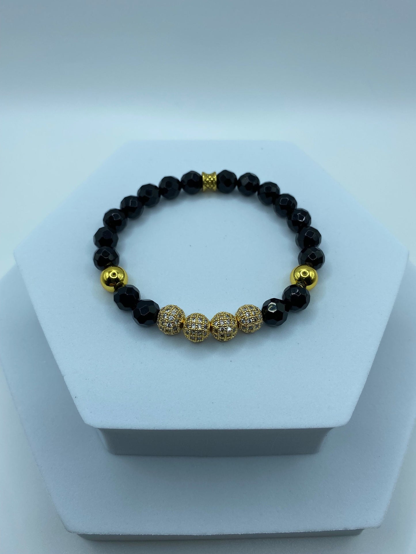 Black Onyx Bracelet for Men: Gold CZ Inlaid Beads, Hematite Gemstone