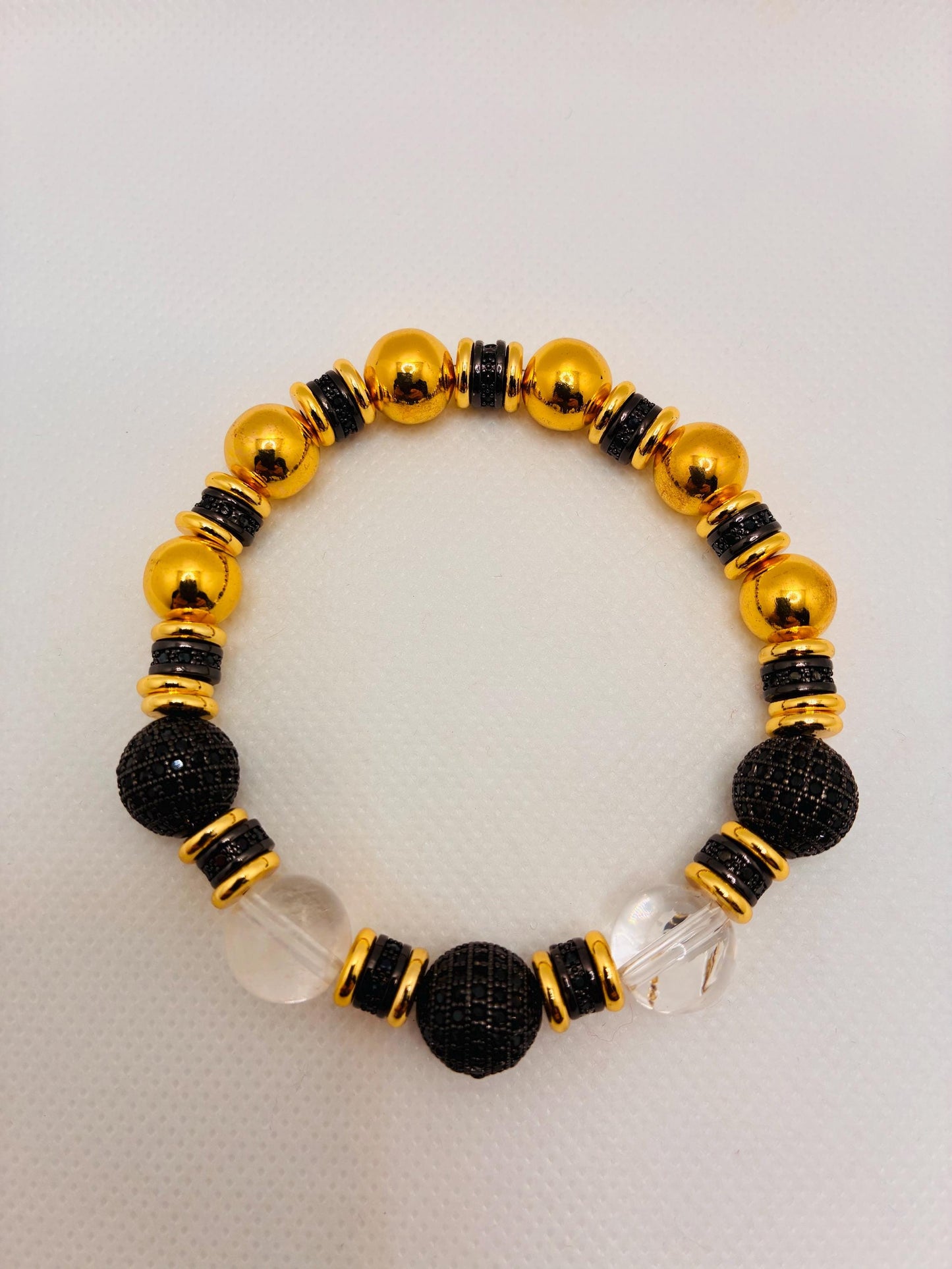 Gold Plated Hematite Bracelet: Clear Quartz & Black Zirconia Beads
