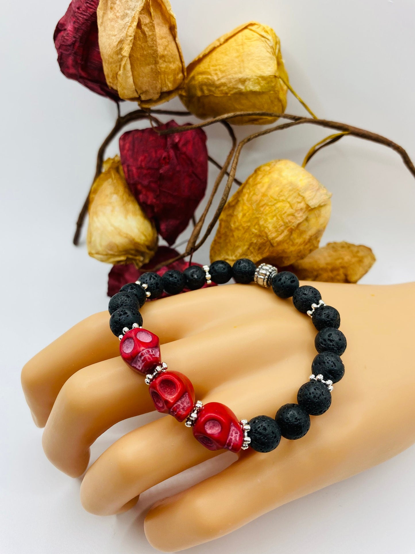 Day of the Dead Lava Rock Bracelet, Red Skull Beads - Dia de Los Muertos - Gothic Jewelry - Gift for Him