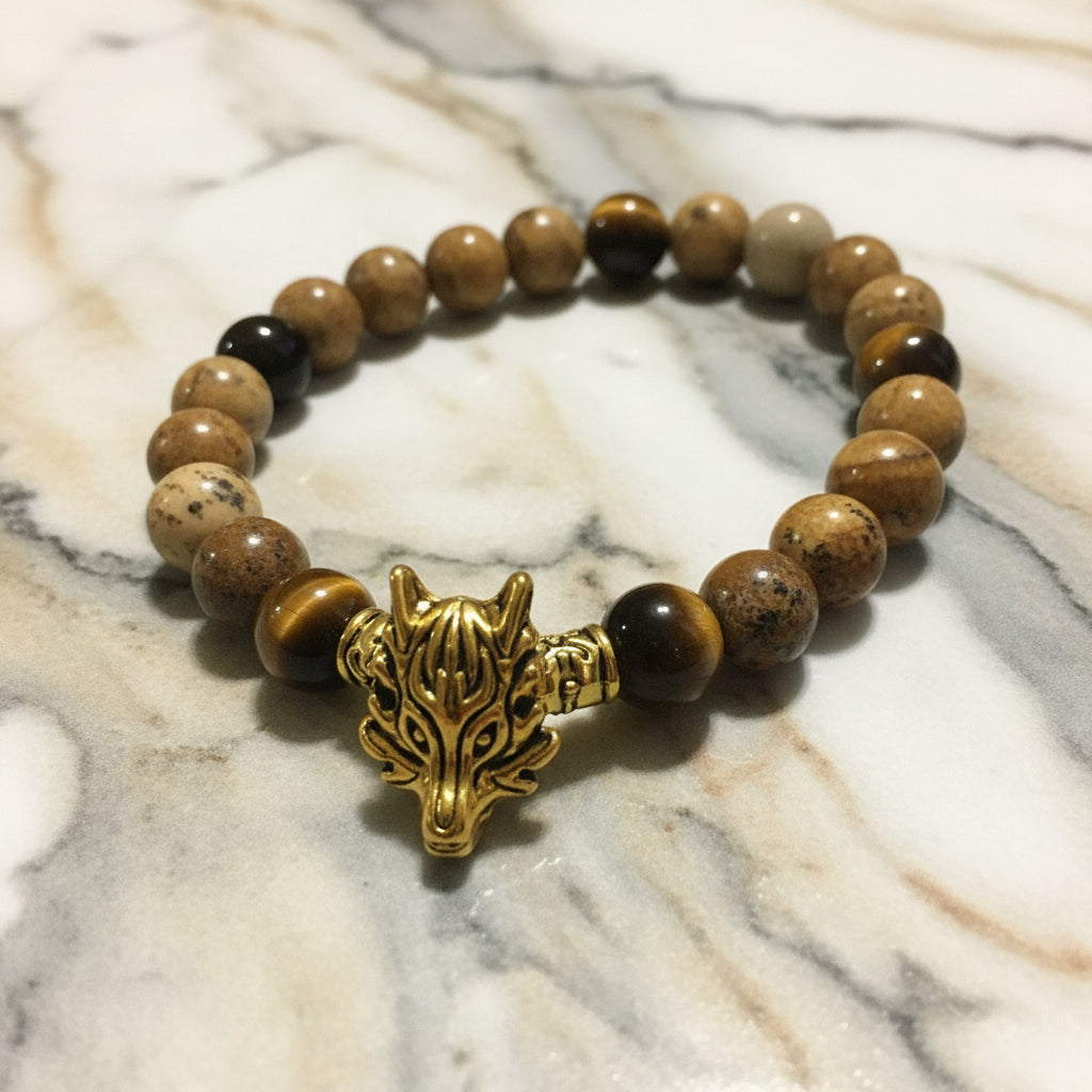 Wolf Head Charm Bracelet: Jasper & Tiger's Eye Gemstone Beads