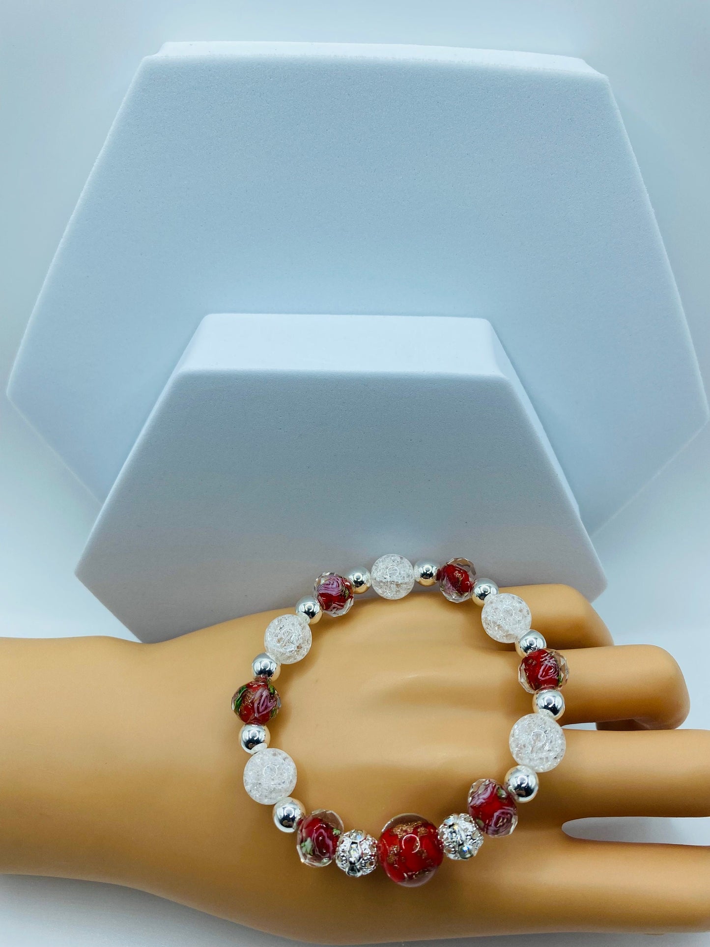 Lampwork Floral Glass Bead Bracelet: Crystal Quartz & Hematite