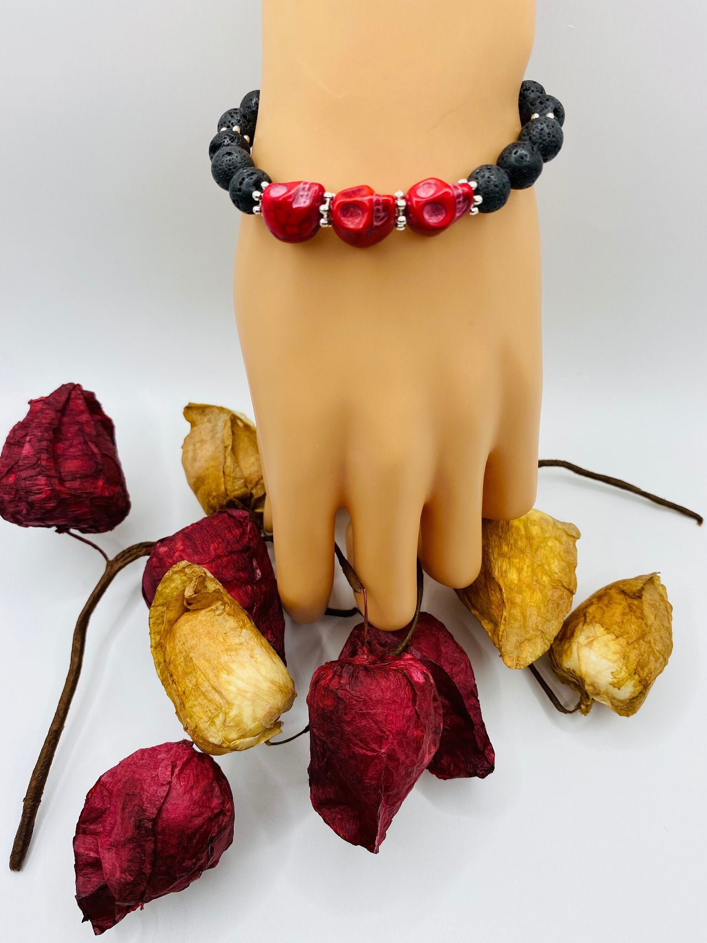 Day of the Dead Lava Rock Bracelet, Red Skull Beads - Dia de Los Muertos - Gothic Jewelry - Gift for Him