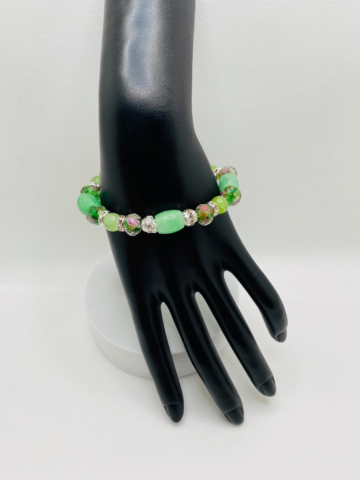 Peridot Bracelet: Green Lampwork Glass Beads, Silver Rhinestone Accents
