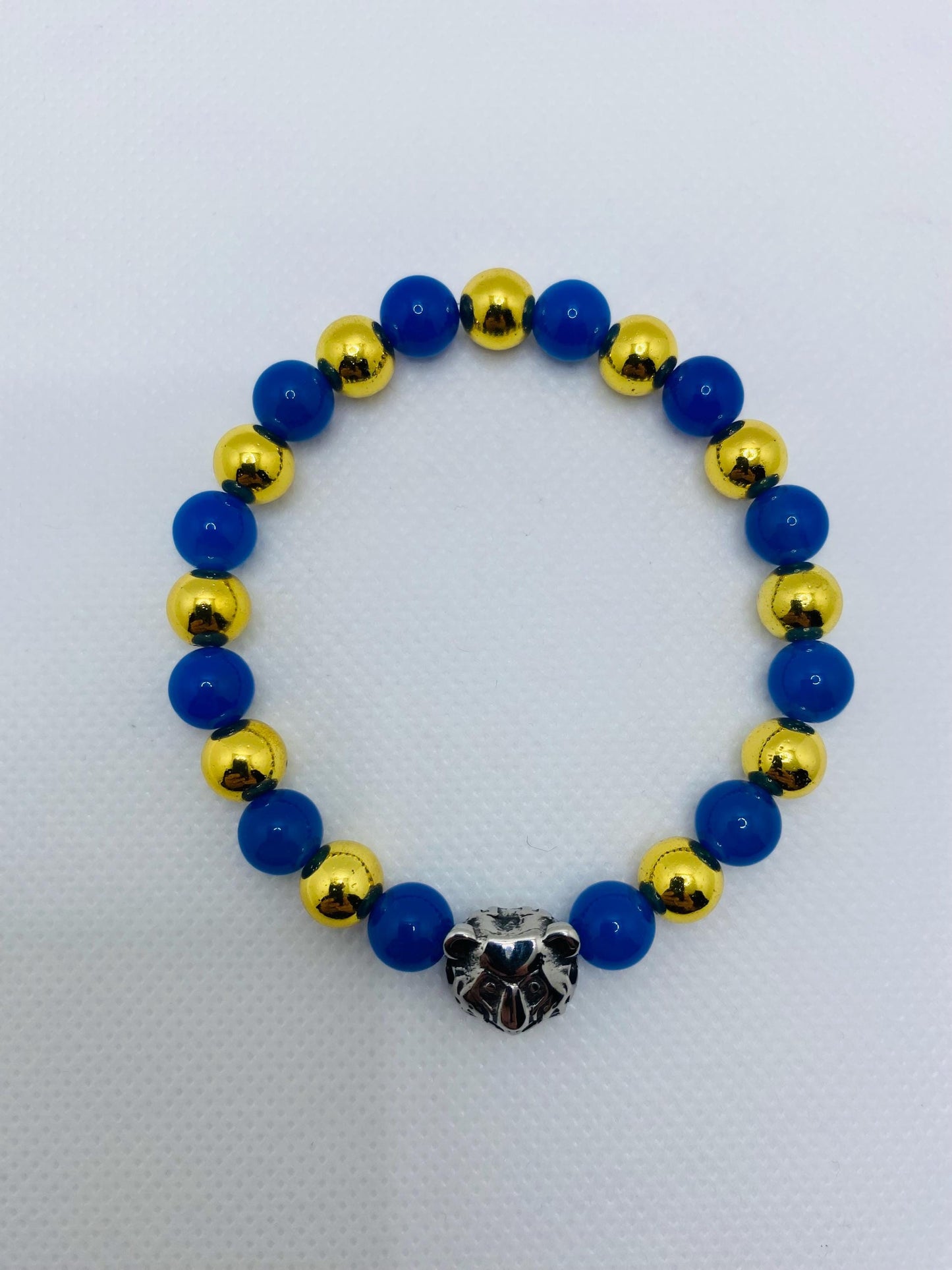 UCLA Bruins Bracelet: Blue Agate, Gold Hematite, Bear Charm