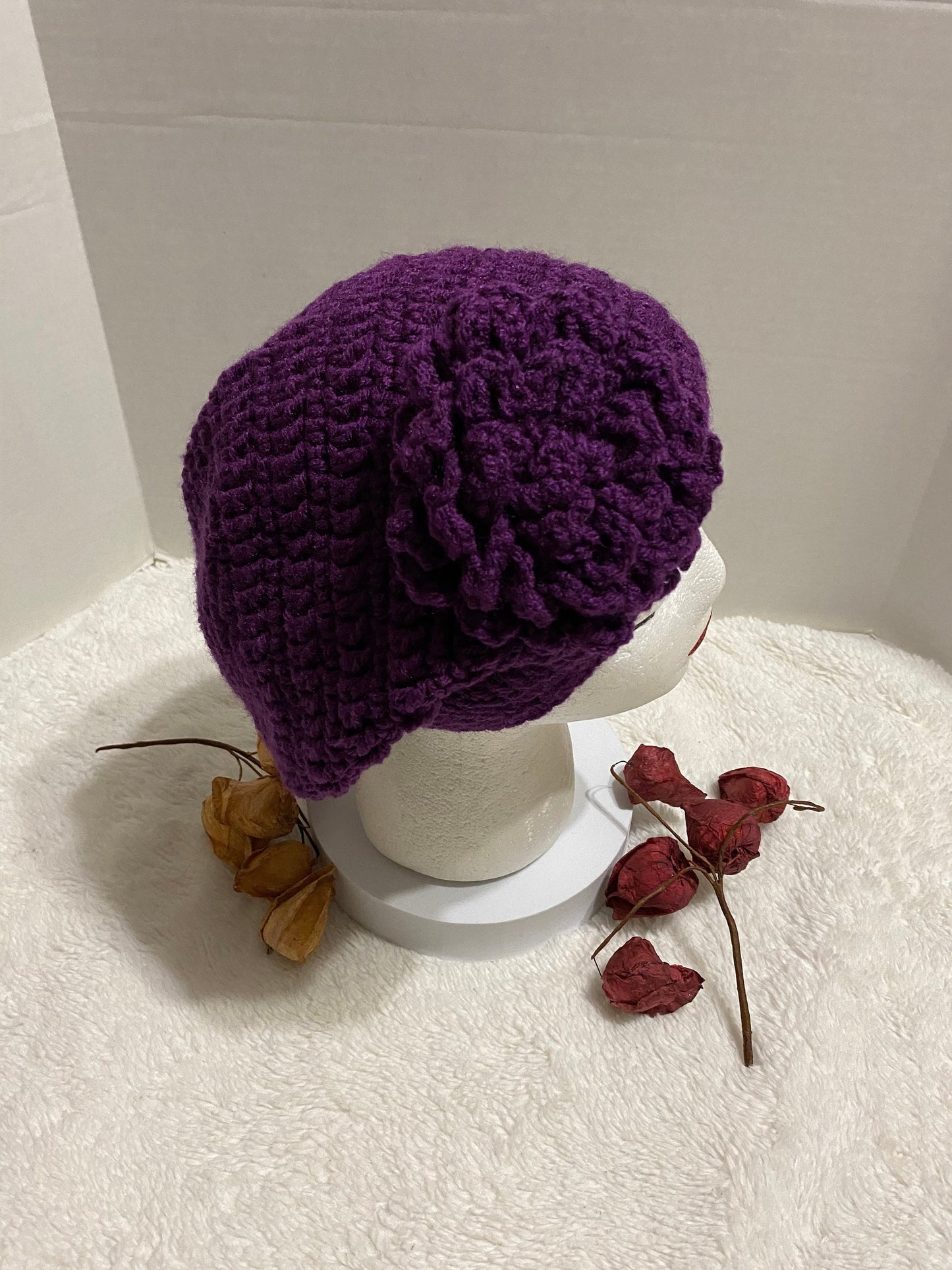 Handmade Crochet Hat with Flower: Purple Acrylic Beanie