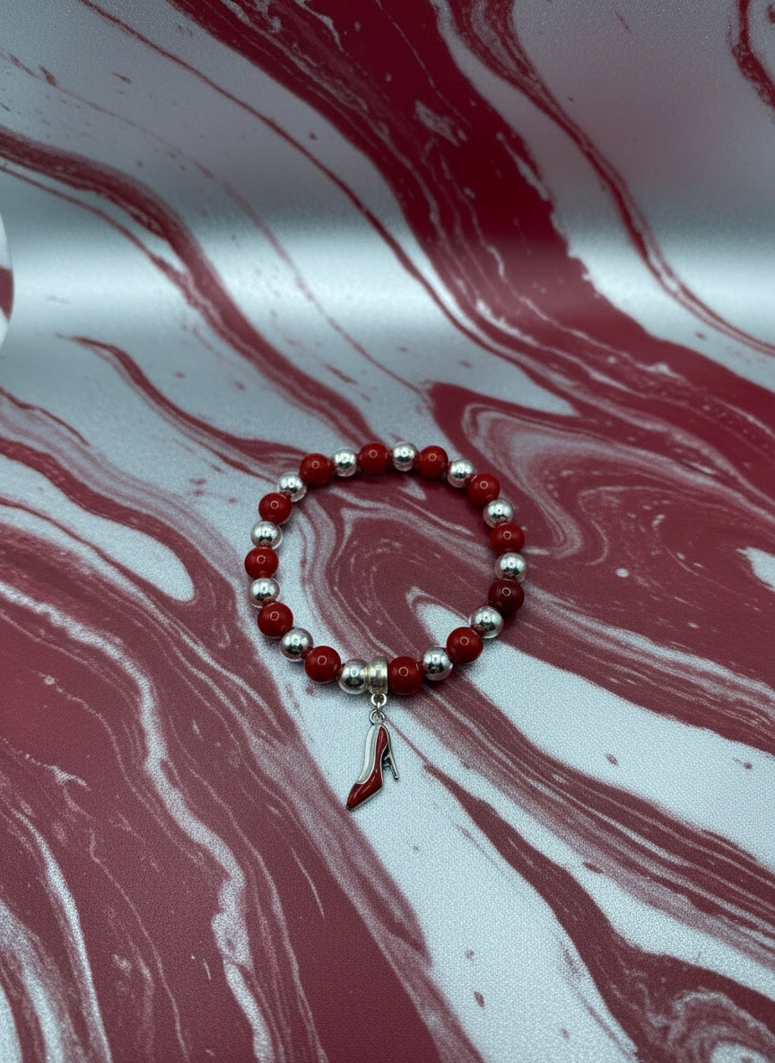 Red Coral Shoe Charm Bracelet: Silver Hematite Gemstone Beads