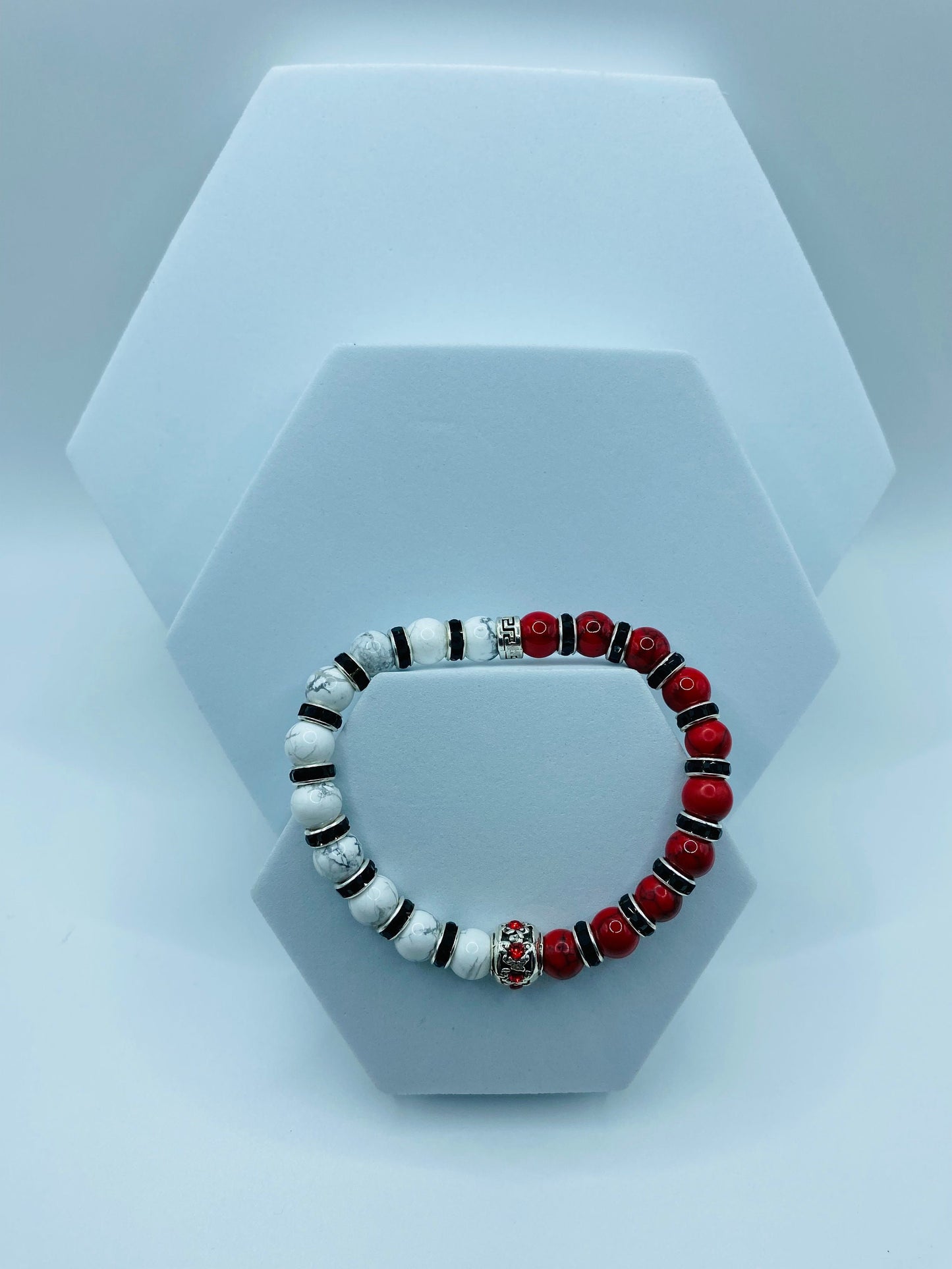 Red Turquoise & Howlite Beaded Bracelet: Silver Rhinestone Charm