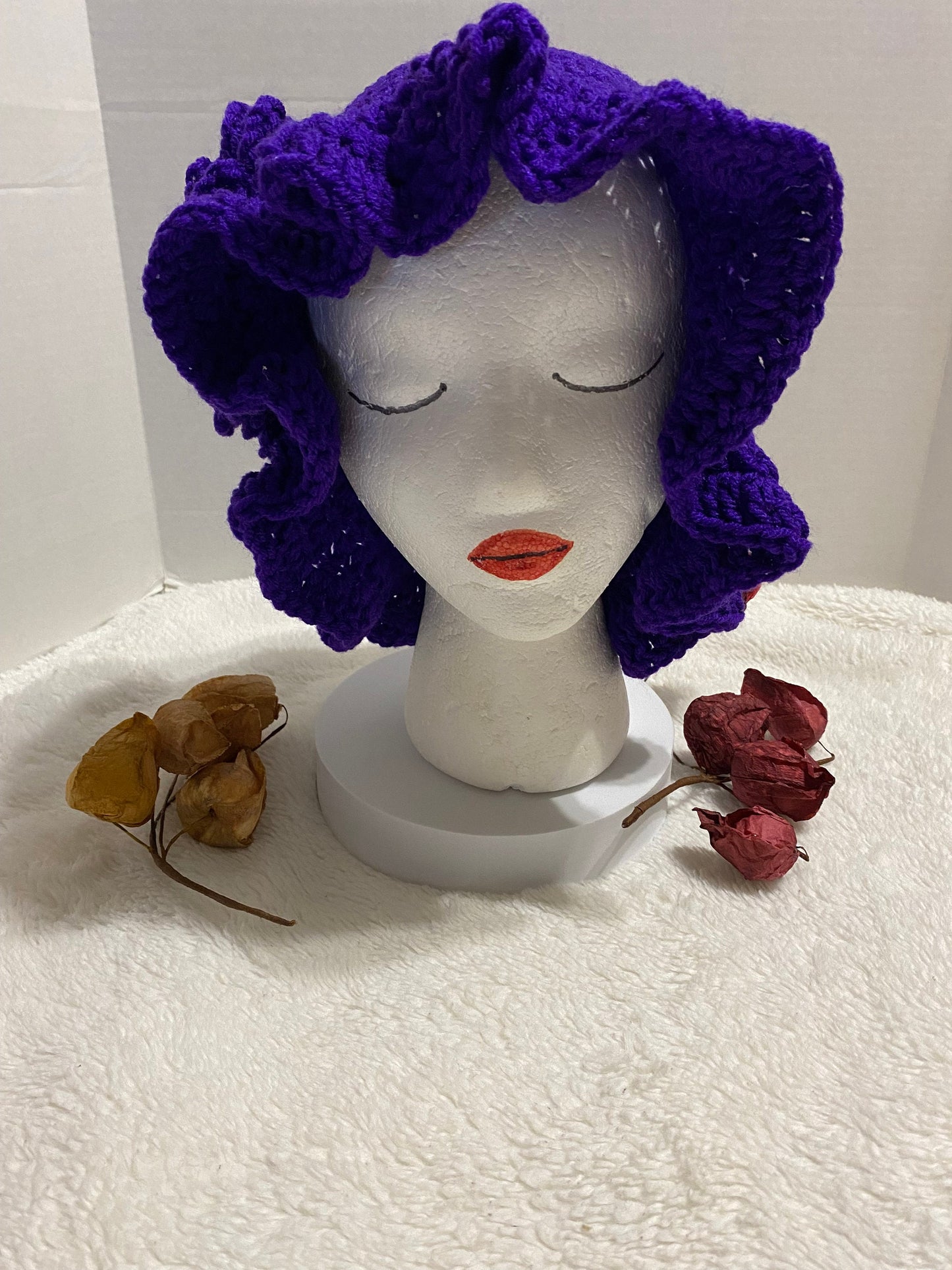 Crochet Bucket Hat with Flower: Violet Acrylic Handmade Women's Hat