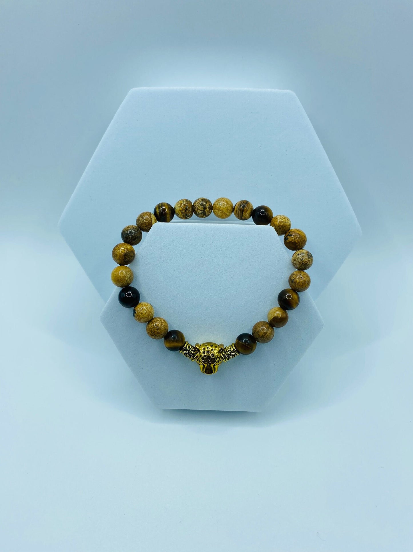 Mens Leopard Bracelet: Jasper & Tiger's Eye Gemstone Beads