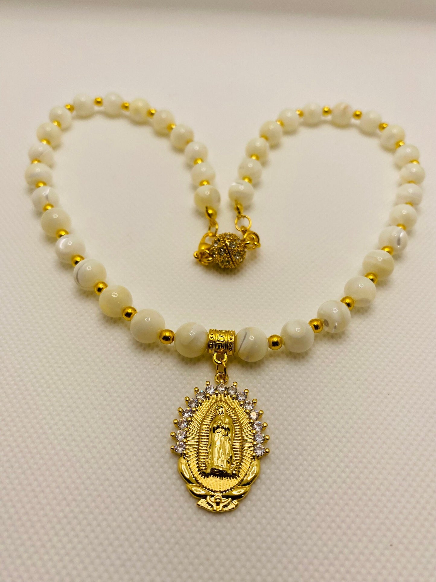 Mother of Pearl Necklace: Virgin Mary Pendant, Gold Stainless Steel