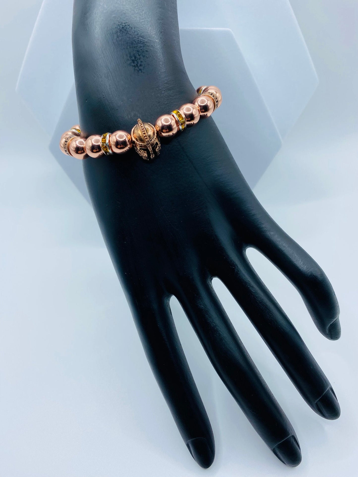 Rose Gold Spartan Helmet Bracelet: Hematite Gemstone Beaded Warrior Jewelry