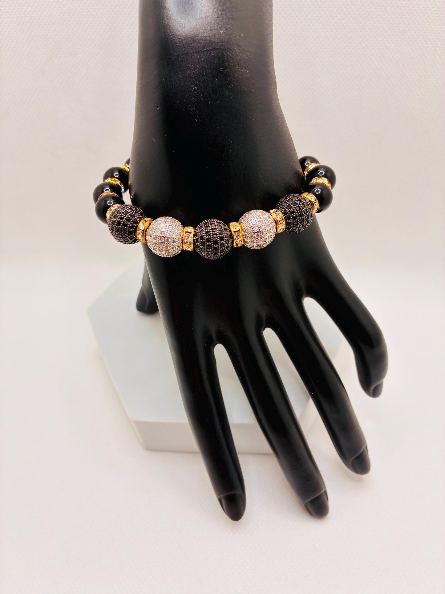 Black Onyx Bracelet with Brass Rhinestone & Zirconia Beads: Gold Plated Rondelles