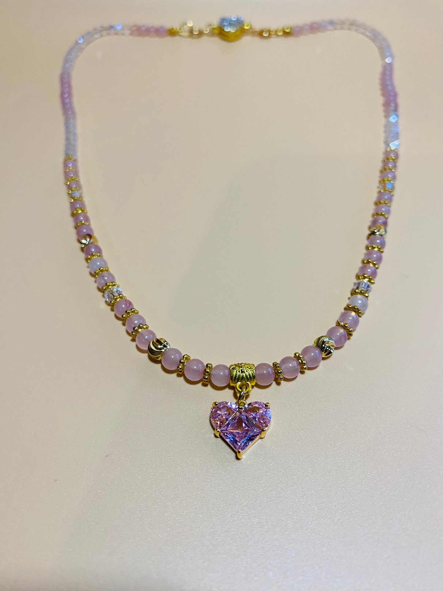 Pink Crystal Heart Pendant Necklace: Rose Quartz & Glass Beads
