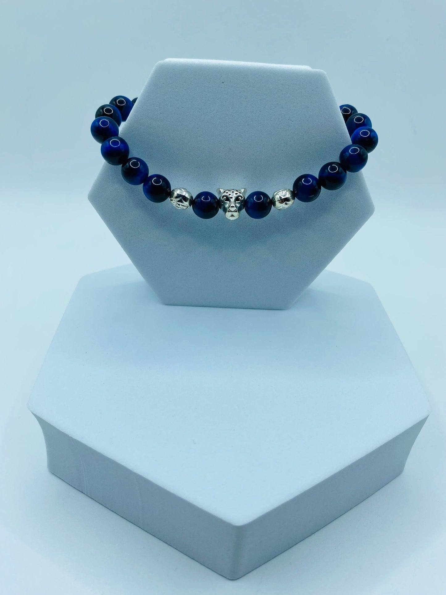 Blue Tiger's Eye Bracelet: Leopard Charm, Silver Beads