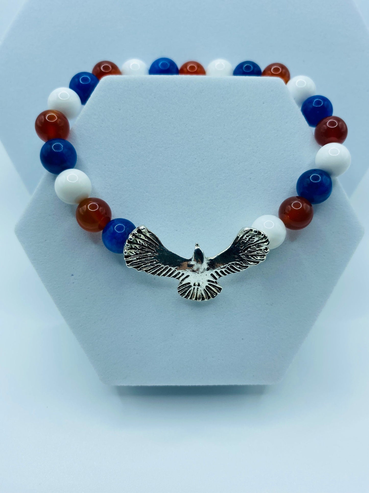 Eagle Charm Bracelet: Red, White & Blue Gemstone Beaded Patriotic Jewelry
