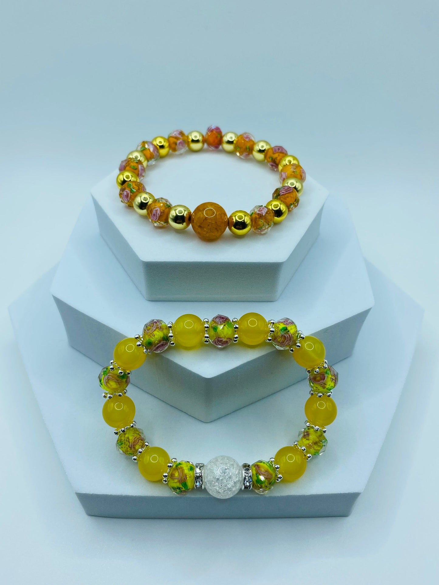 Summer Jewelry for Women with Yellow Agate & Lampwork Glass Beads, Quartz Crystal Bracelet
