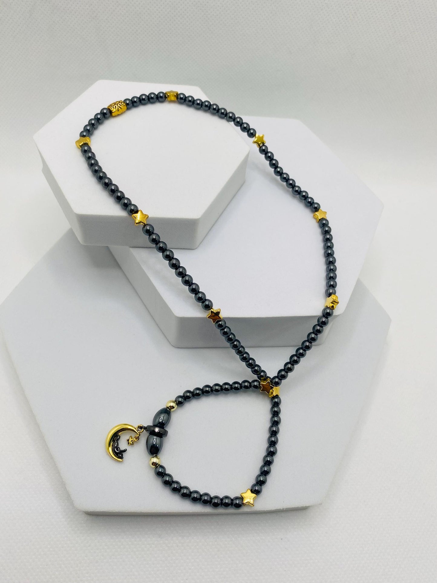 Celestial Hematite Necklace: Gold Star, Moon & Cat Charm