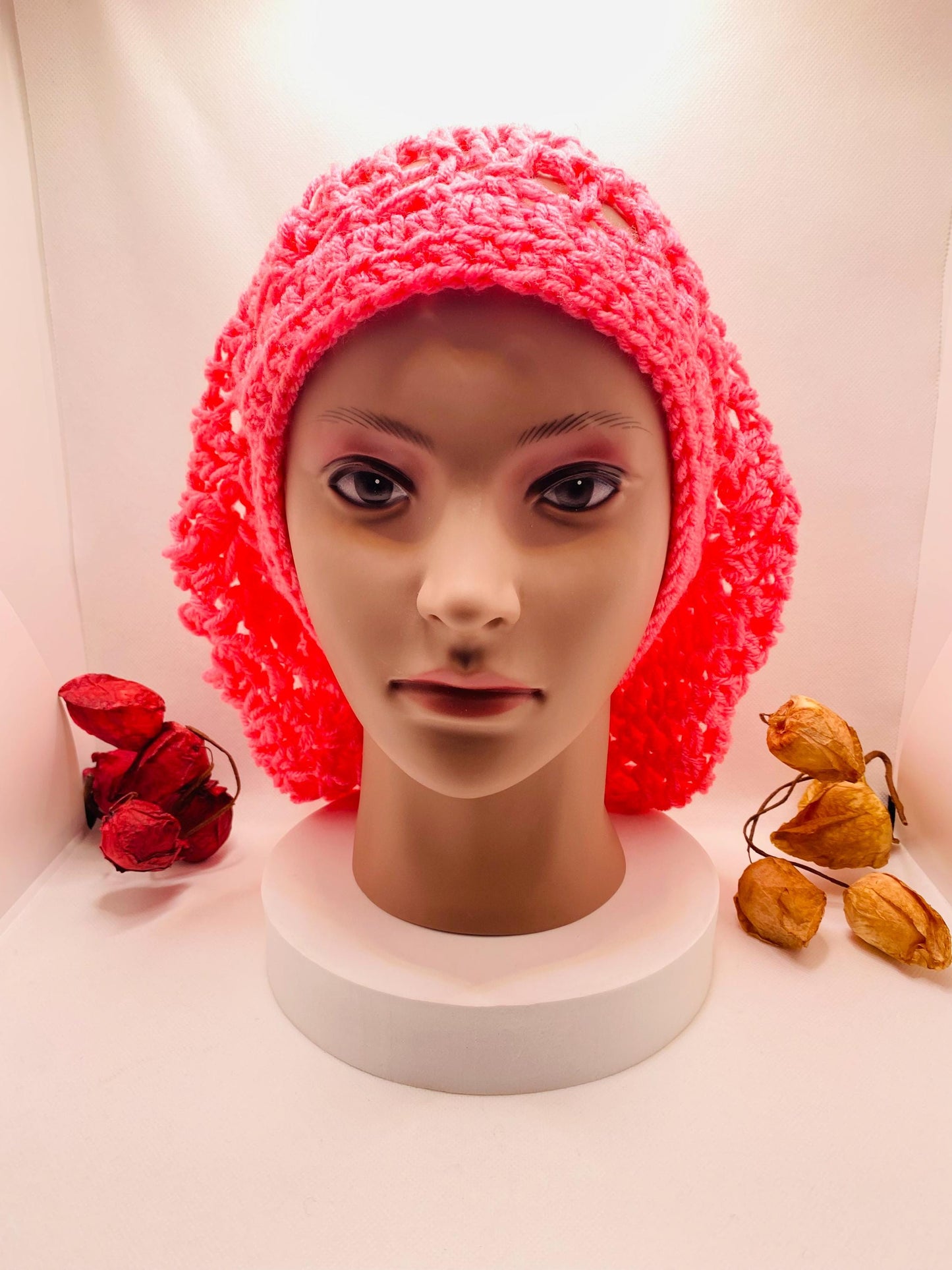 Pink Crochet Slouchy Beanie: Handmade Acrylic Dreadlock Hat