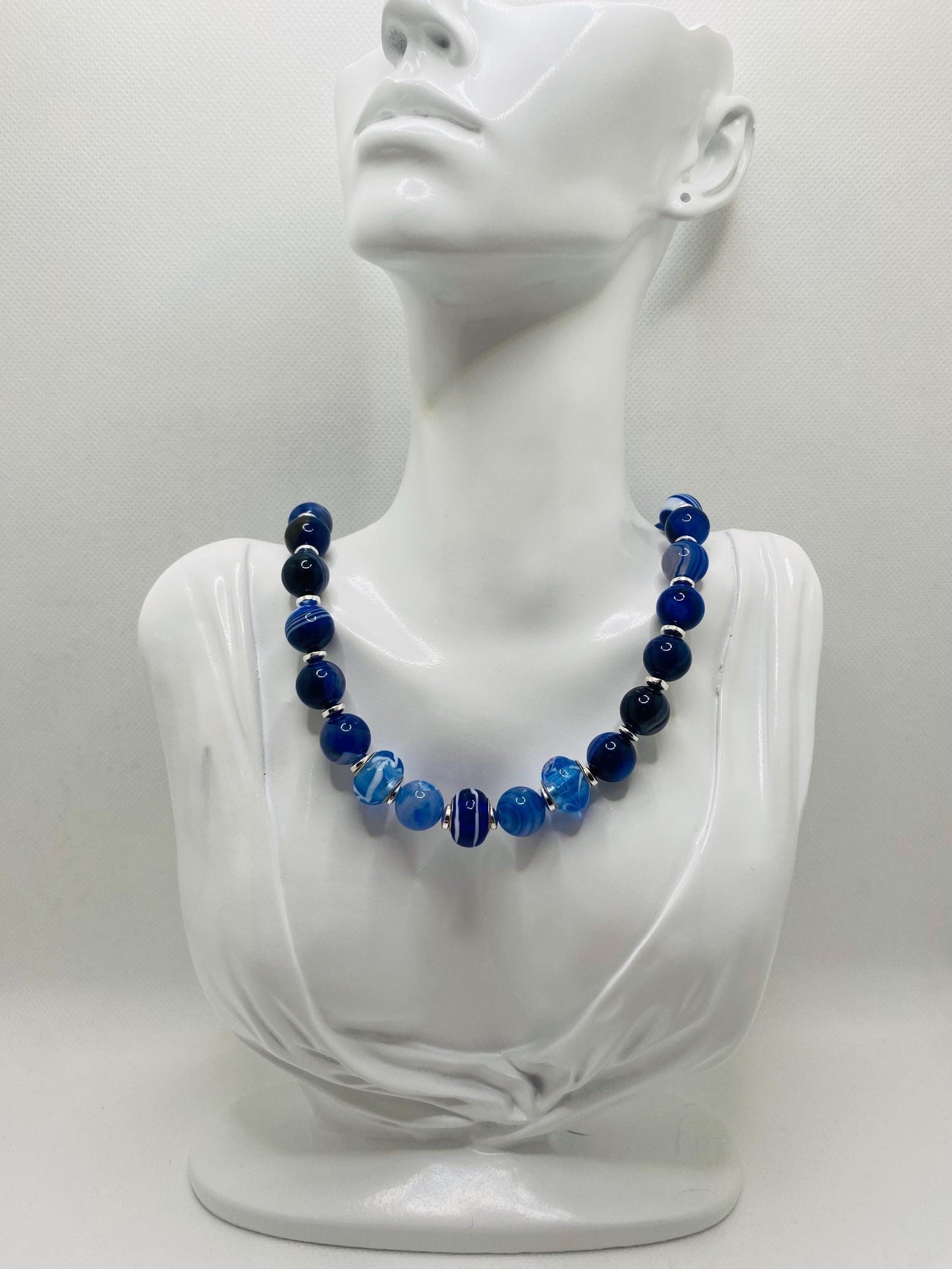 Blue Lace Agate Gemstone Necklace: Silverplated Hematite Rondelle Spacers