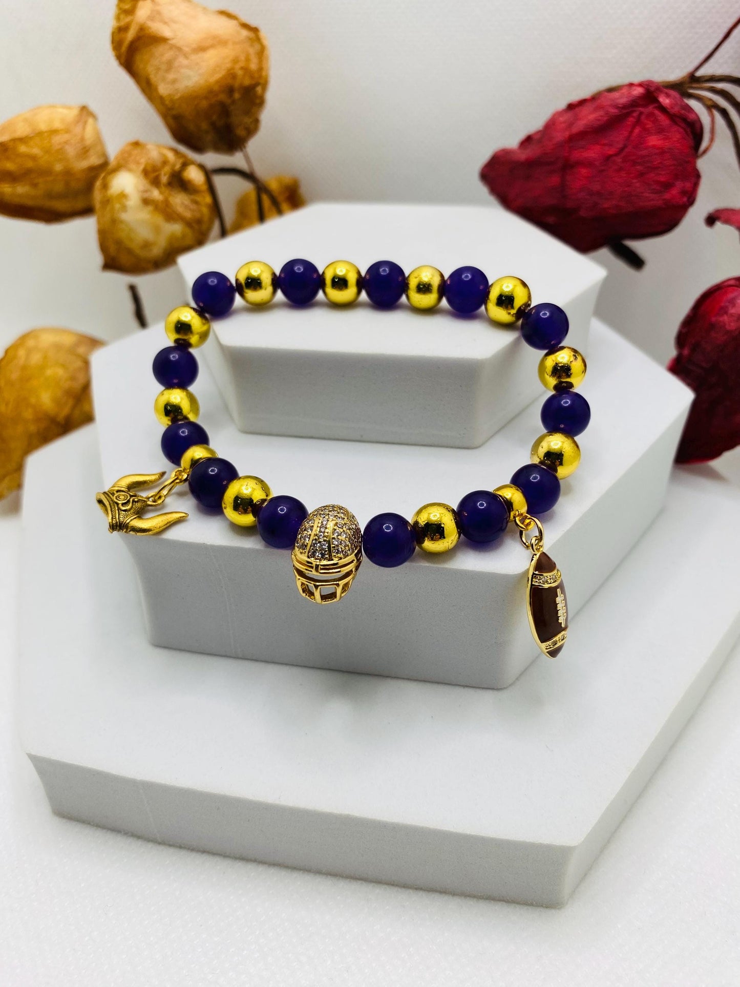 Minnesota Vikings Charm Bracelet: Purple Amethyst & Gold Football Helmet