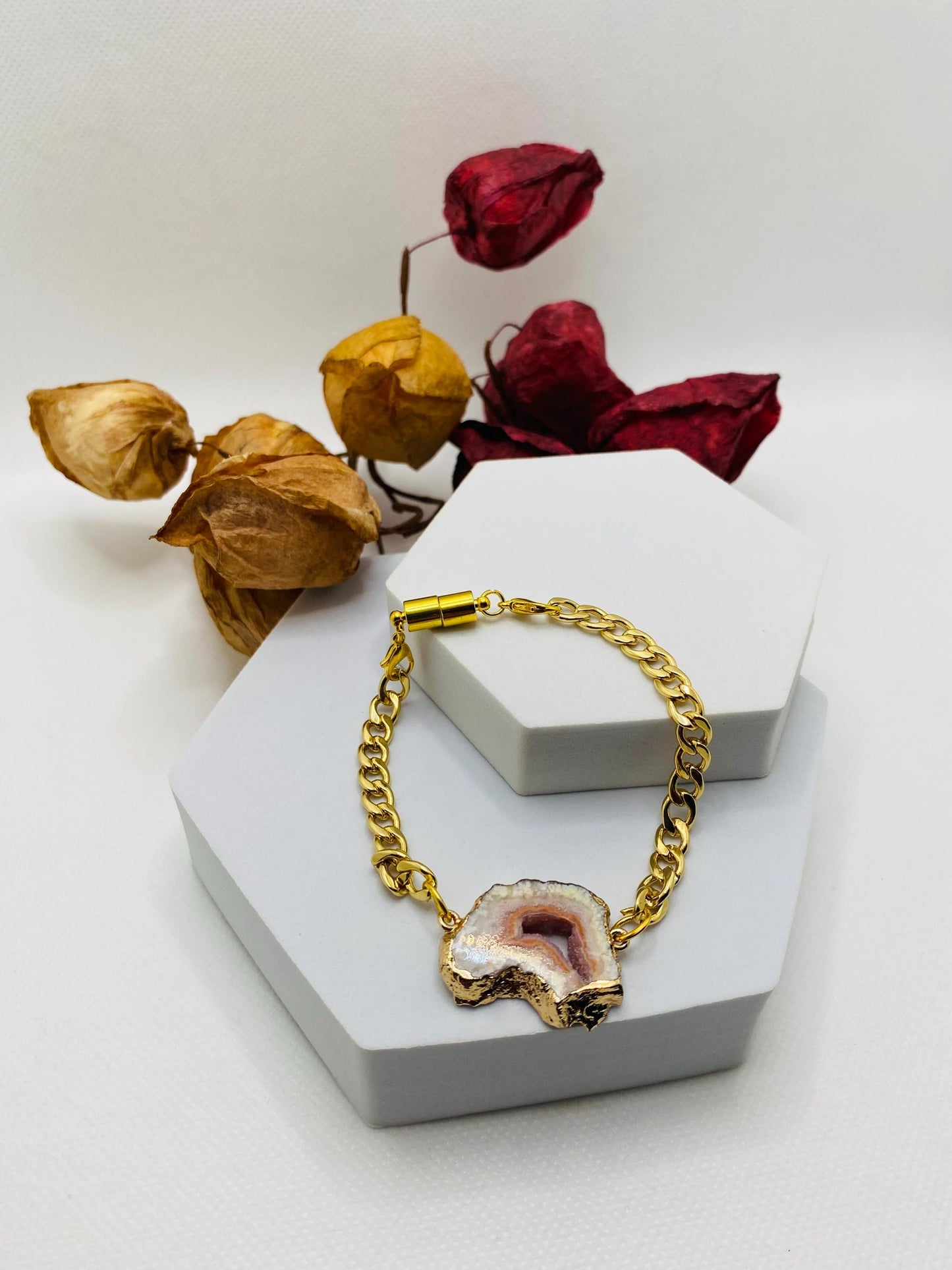 Handmade 18k Gold Cuban Link Bracelet: Geode Agate Gemstone, Magnetic Clasp