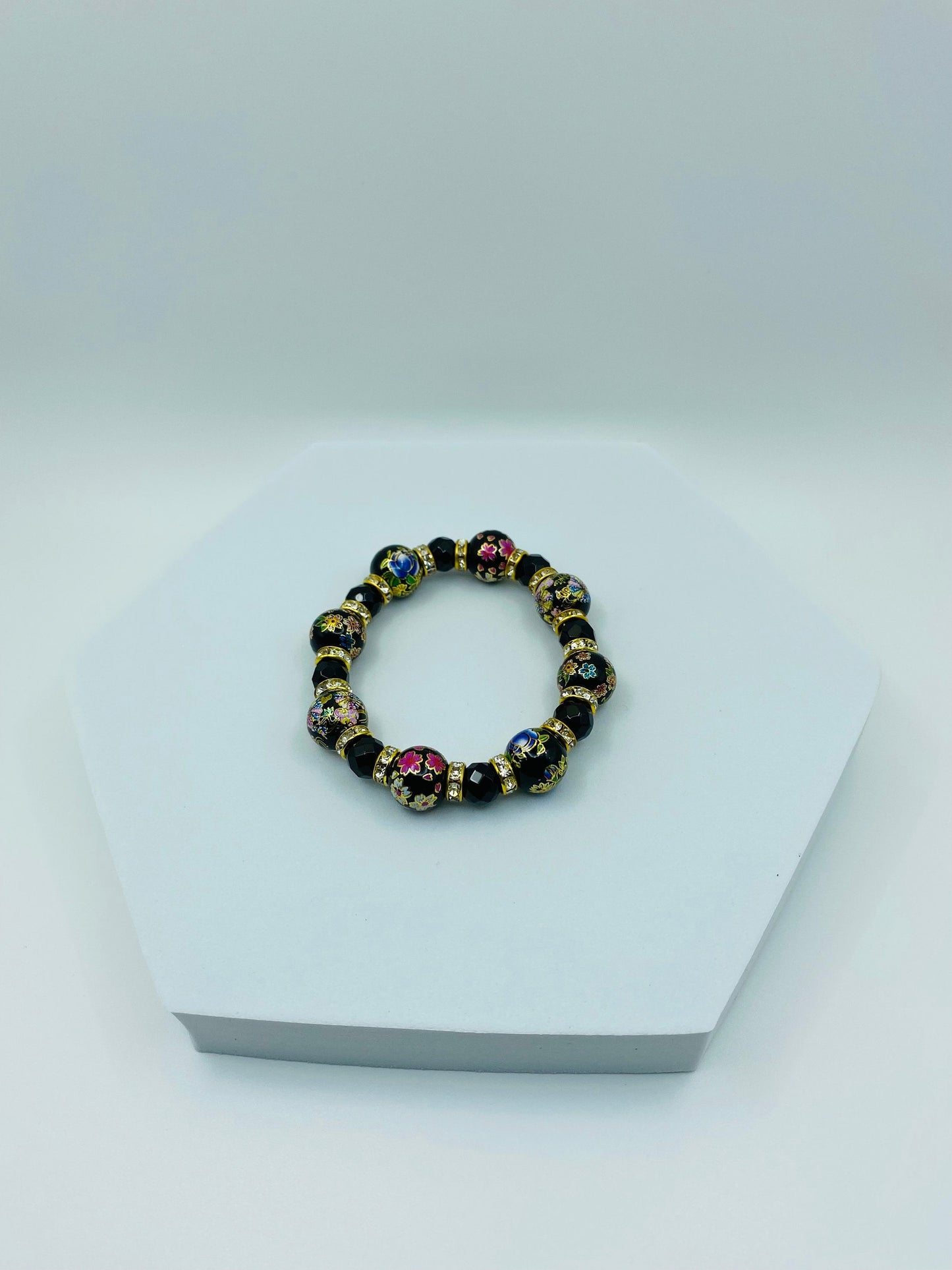 Black Onyx Bracelet: Hand-Painted Floral Glass Beads, 18k Gold Rhinestone