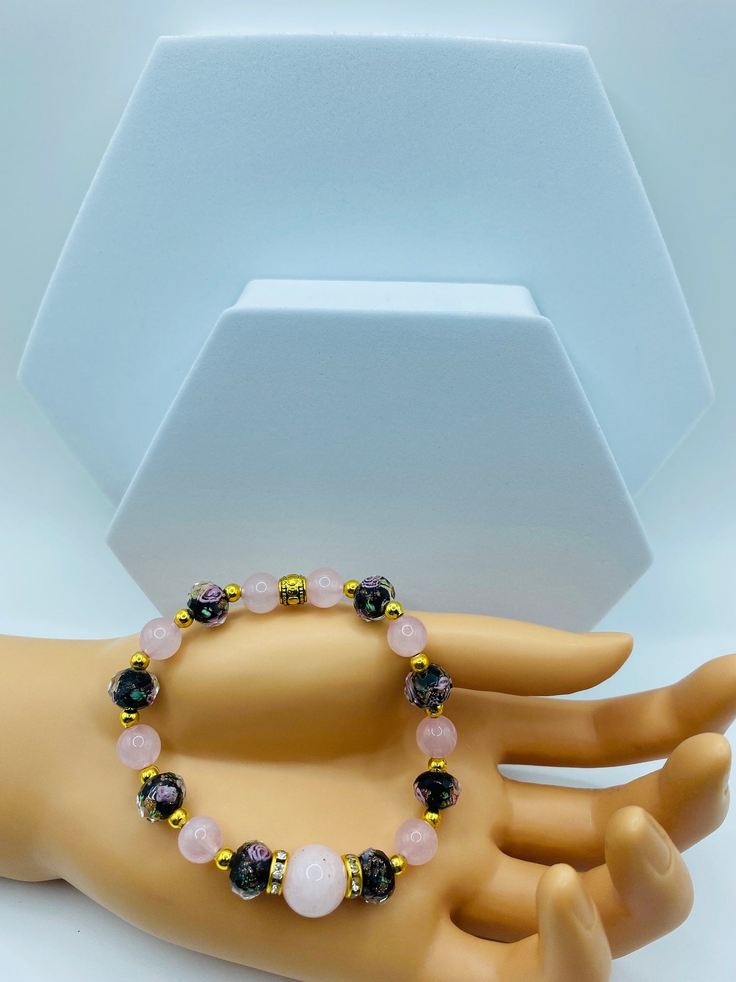 Rose Quartz Bracelet: Lampwork Flower Glass & Gold-Plated Hematite Beads