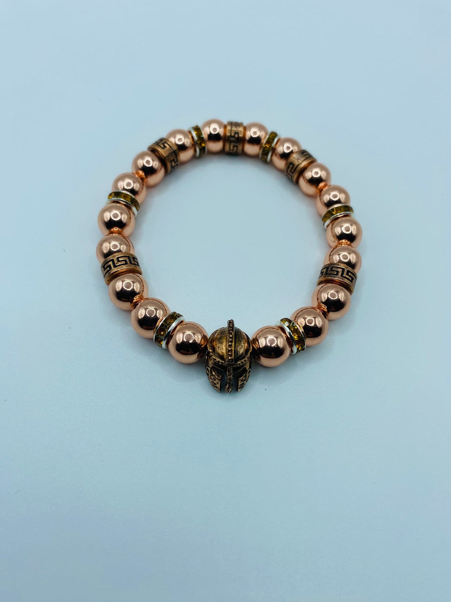 Rose Gold Spartan Helmet Bracelet: Hematite Gemstone Beaded Warrior Jewelry