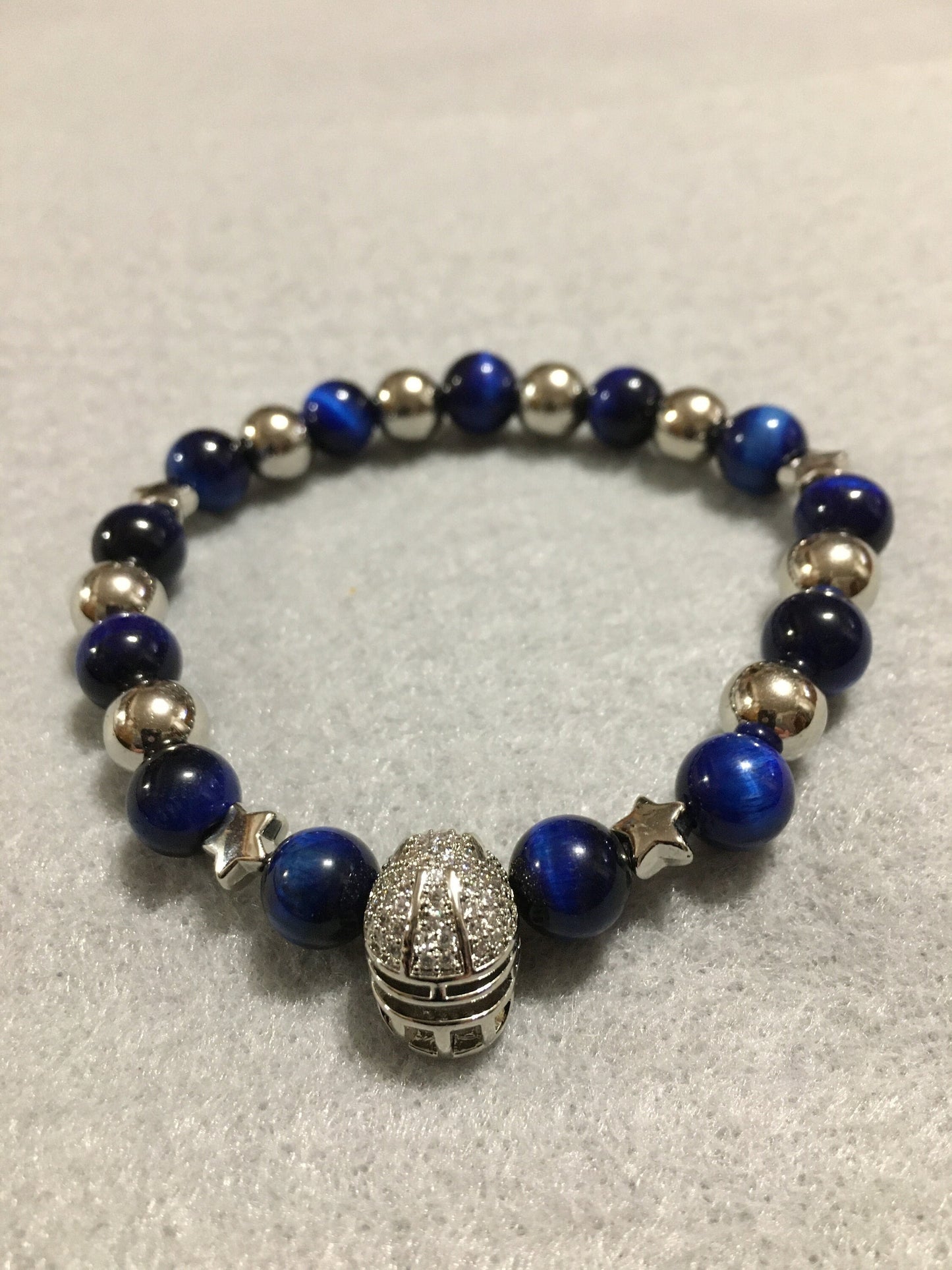 Dallas Cowboys Bracelet: Blue Tigers Eye, Silver Helmet & White Gold Stars