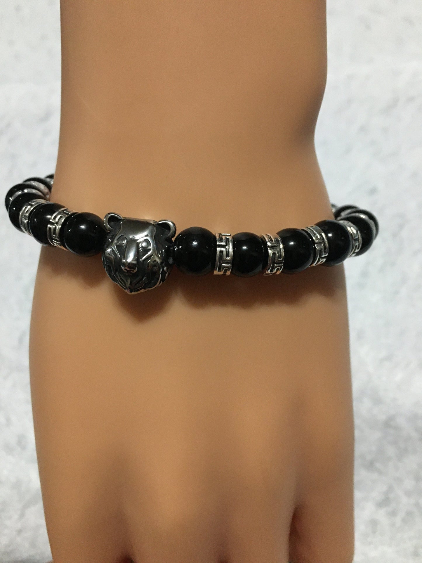 Chicago Bears Bracelet: Onyx Gemstone Beads, Stainless Steel Bear Charm