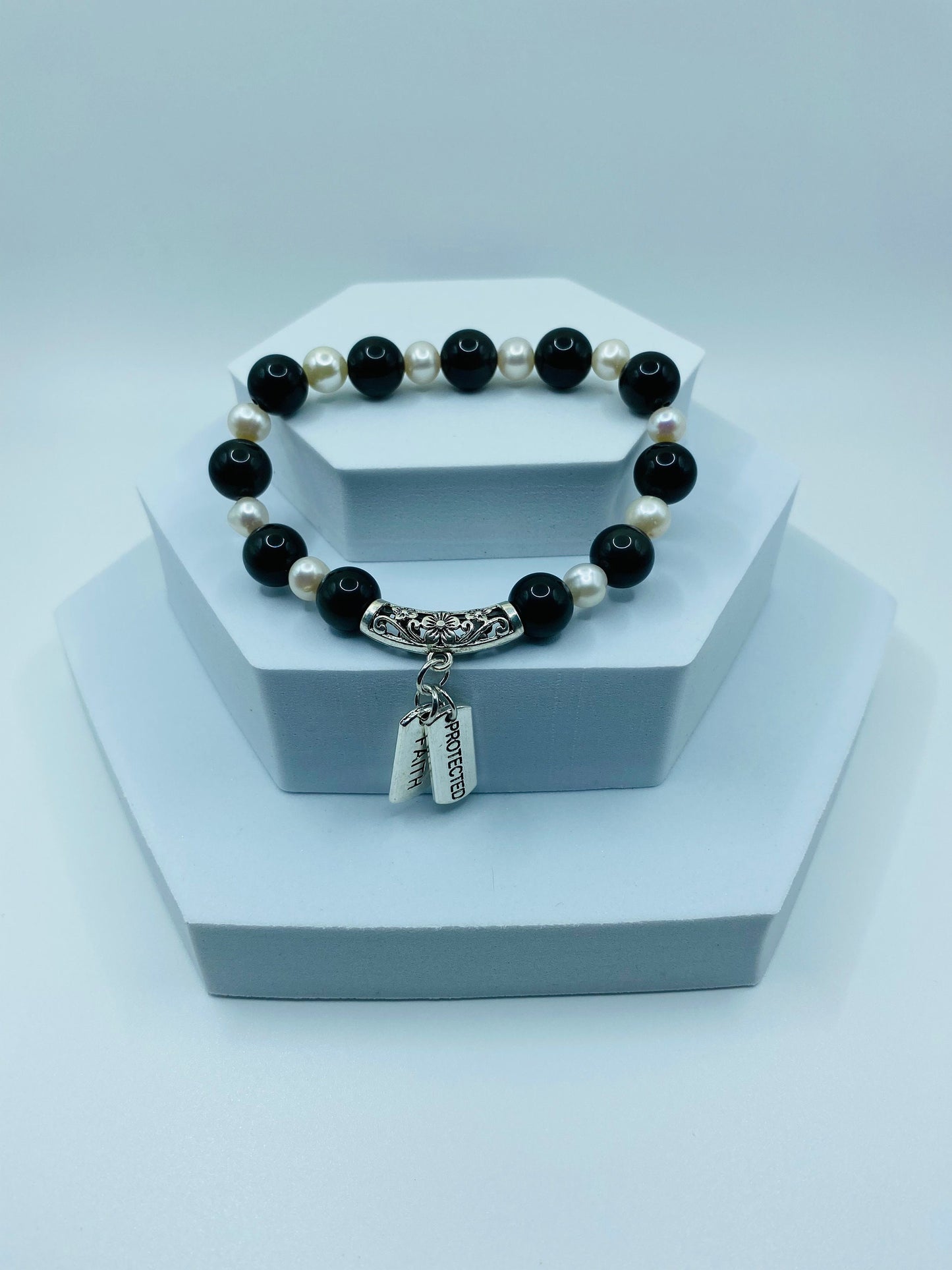 Onyx & Pearl Charm Bracelet: Inspirational Word Charms, Handmade