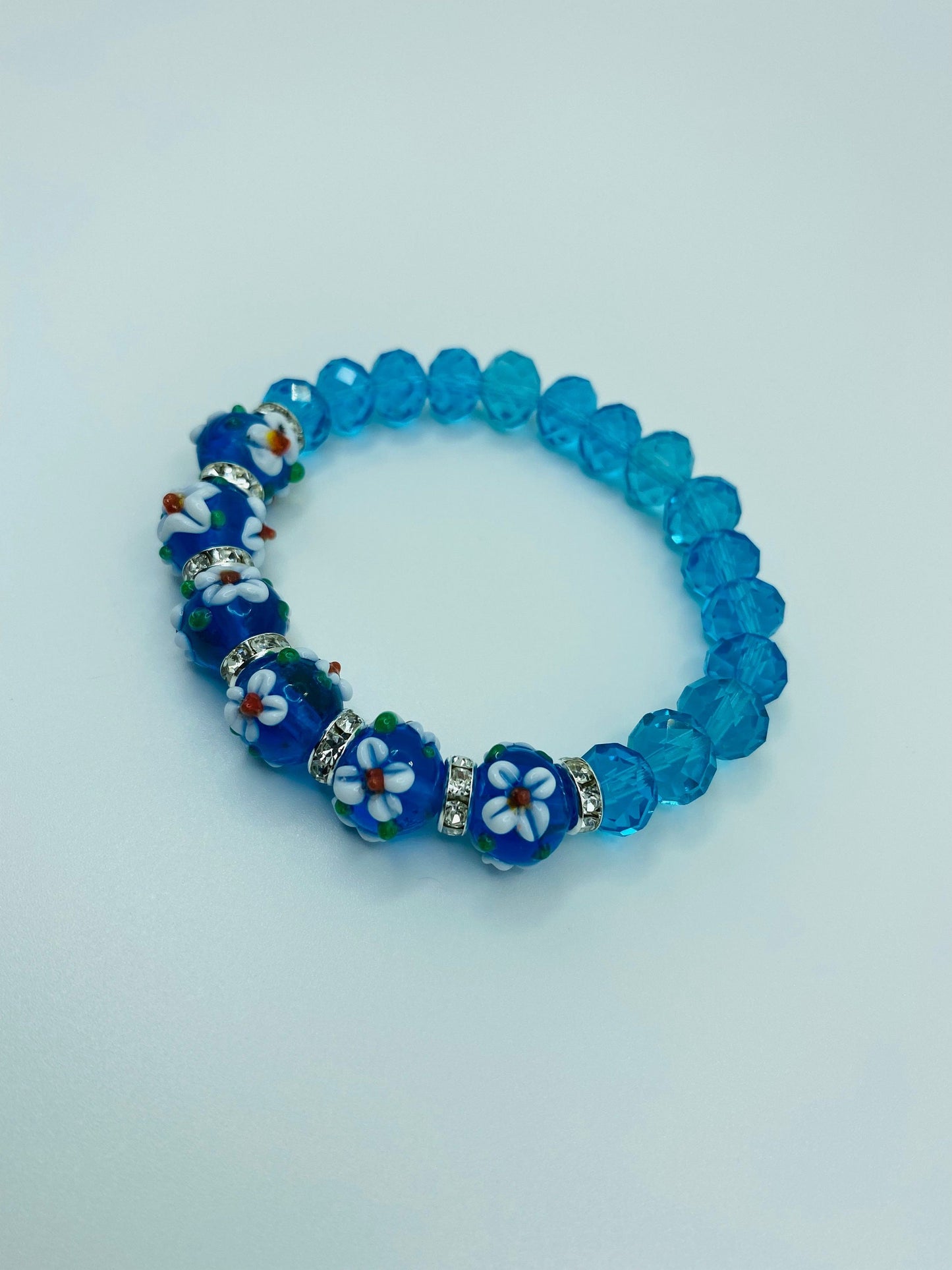 Blue Crystal Bracelet: Floral Lampwork Glass Beads, Rhinestone Rondelles