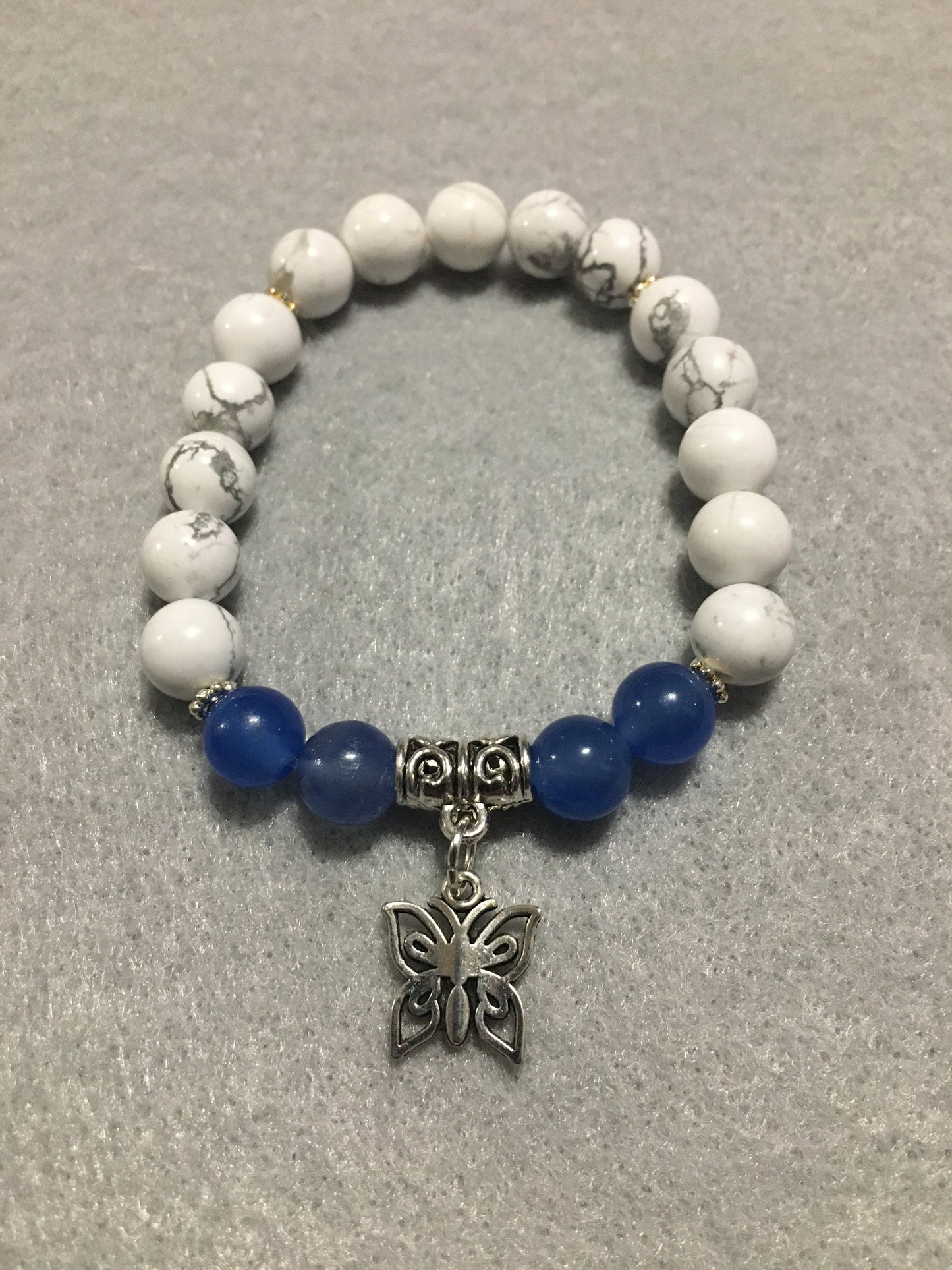 Butterfly Charm Bracelet: Blue Lace Agate & Howlite Gemstone Beads