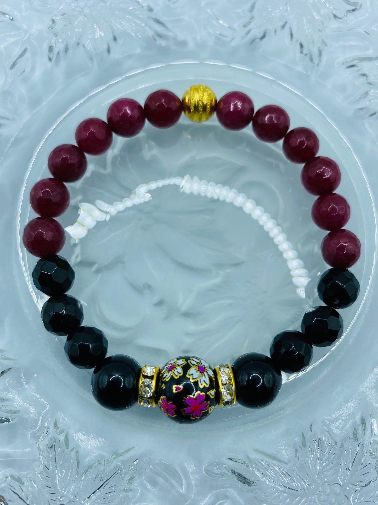 Black Onyx & Red Jade Gemstone Bracelet with Floral Lampwork Bead