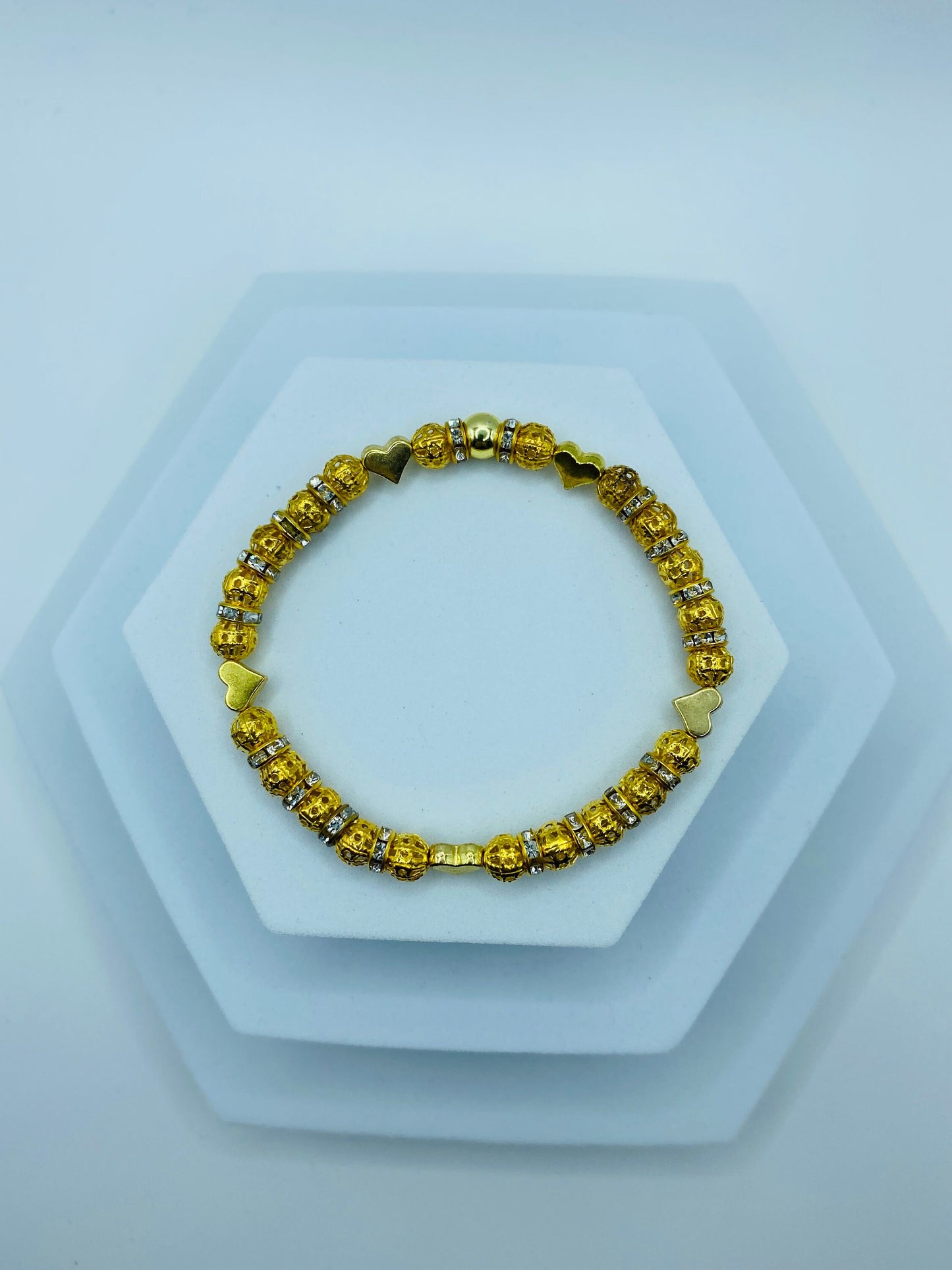 Gold Plated Heart Charm Bracelet: Rhinestone Beaded Jewelry