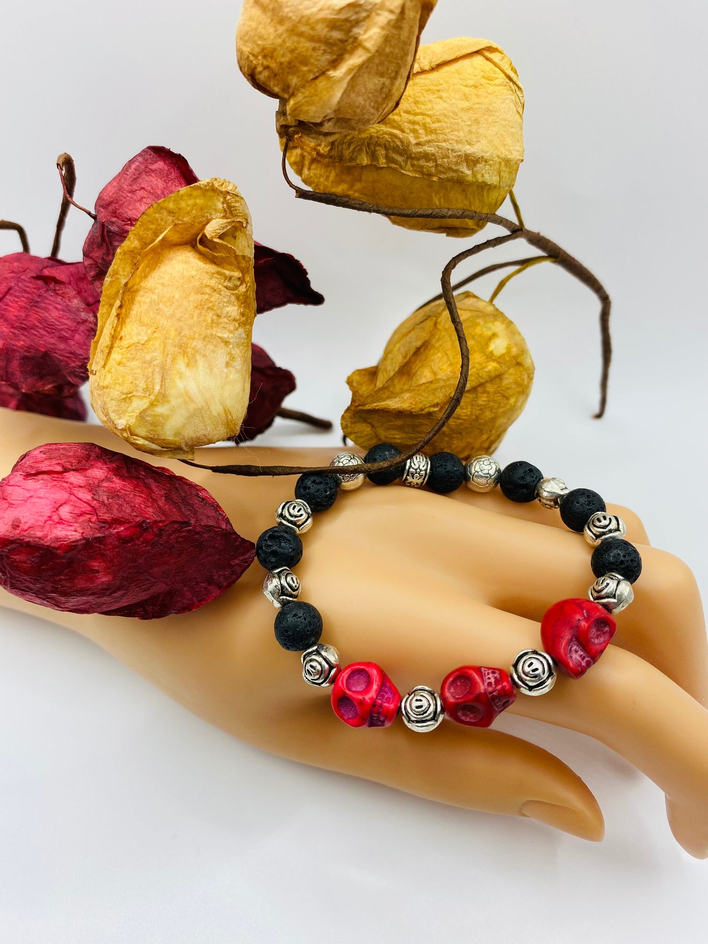 Day of the Dead Lava Rock Bracelet, Red Skull Beads & Metal flowers - Dia de Los Muertos - Gifts for Her