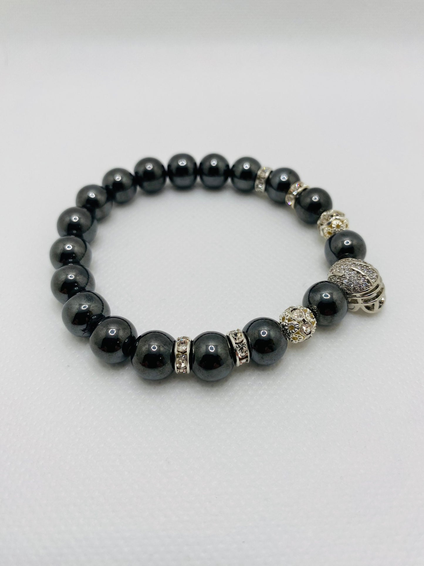 Las Vegas Raiders Hematite Bracelet: Silver Football Helmet, CZ Accents