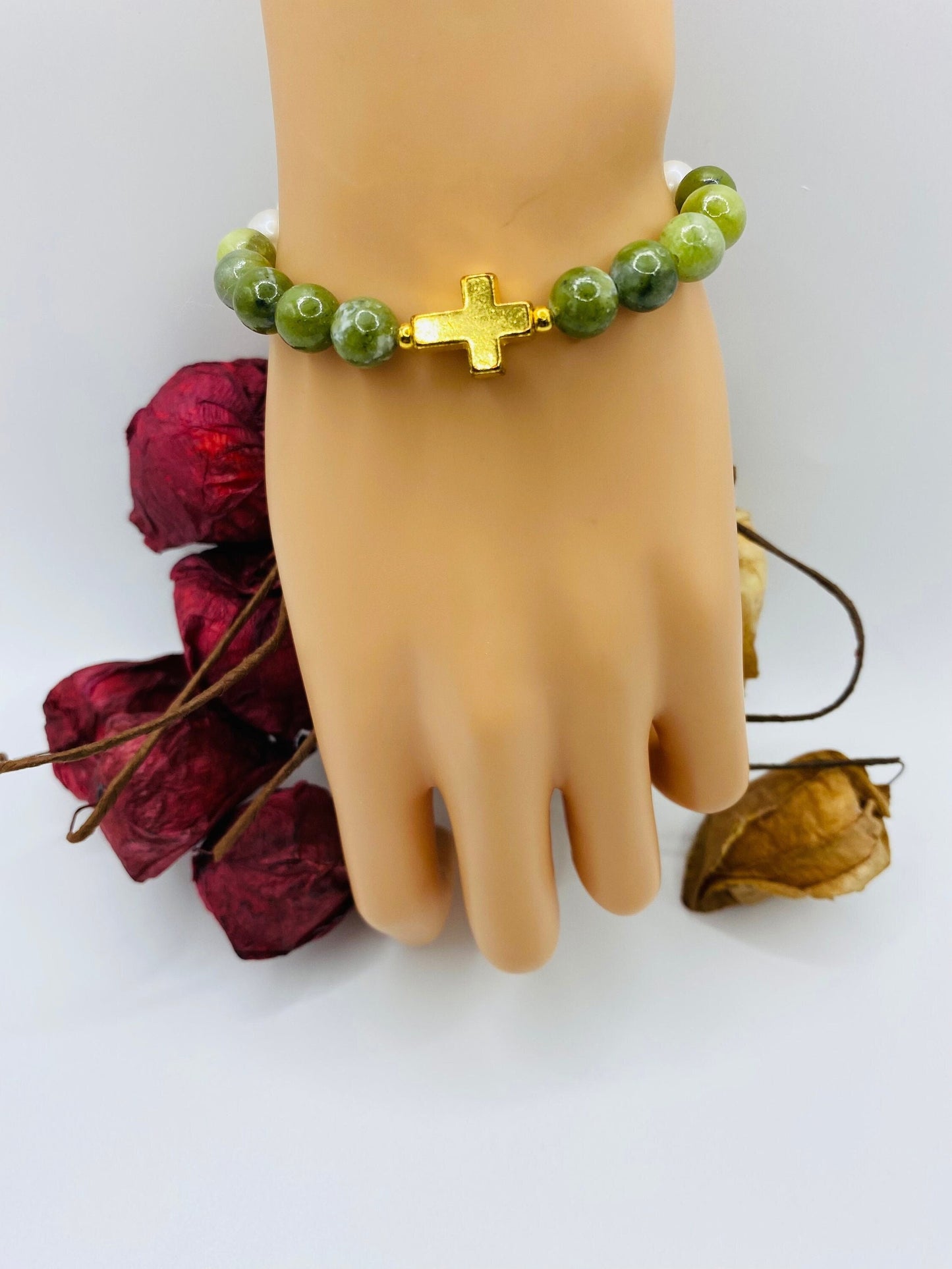 Jade & Pearl Bracelet: Gold Cross Charm, Gemstone Beaded Jewelry