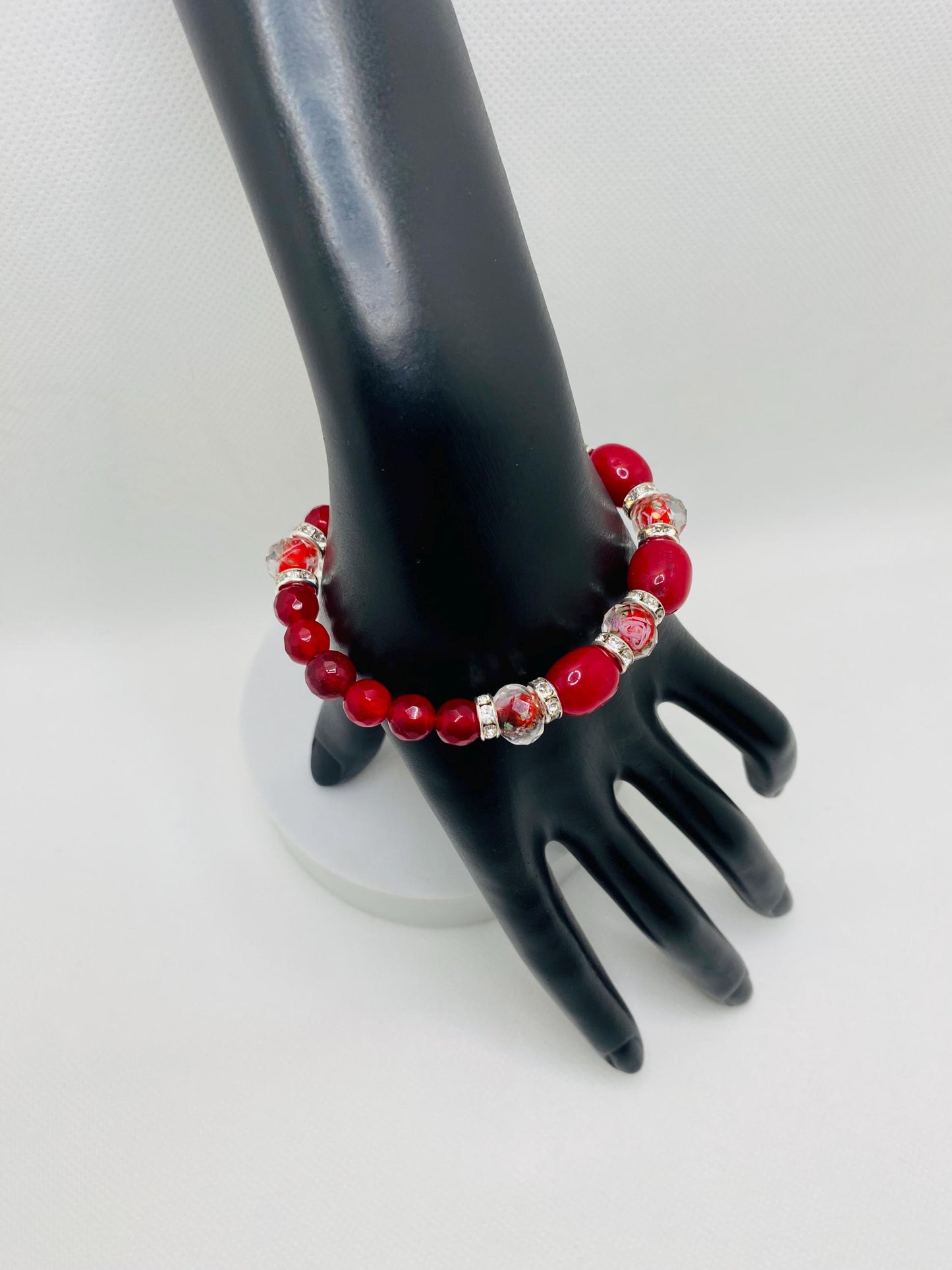 Red Jade Bracelet: Lampwork Glass & Agate Gemstone Beads