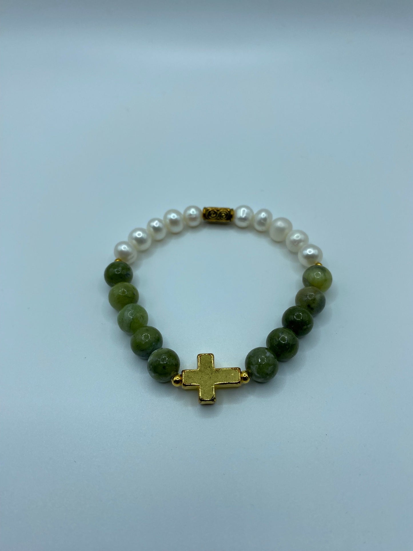 Jade & Pearl Bracelet: Gold Cross Charm, Gemstone Beaded Jewelry
