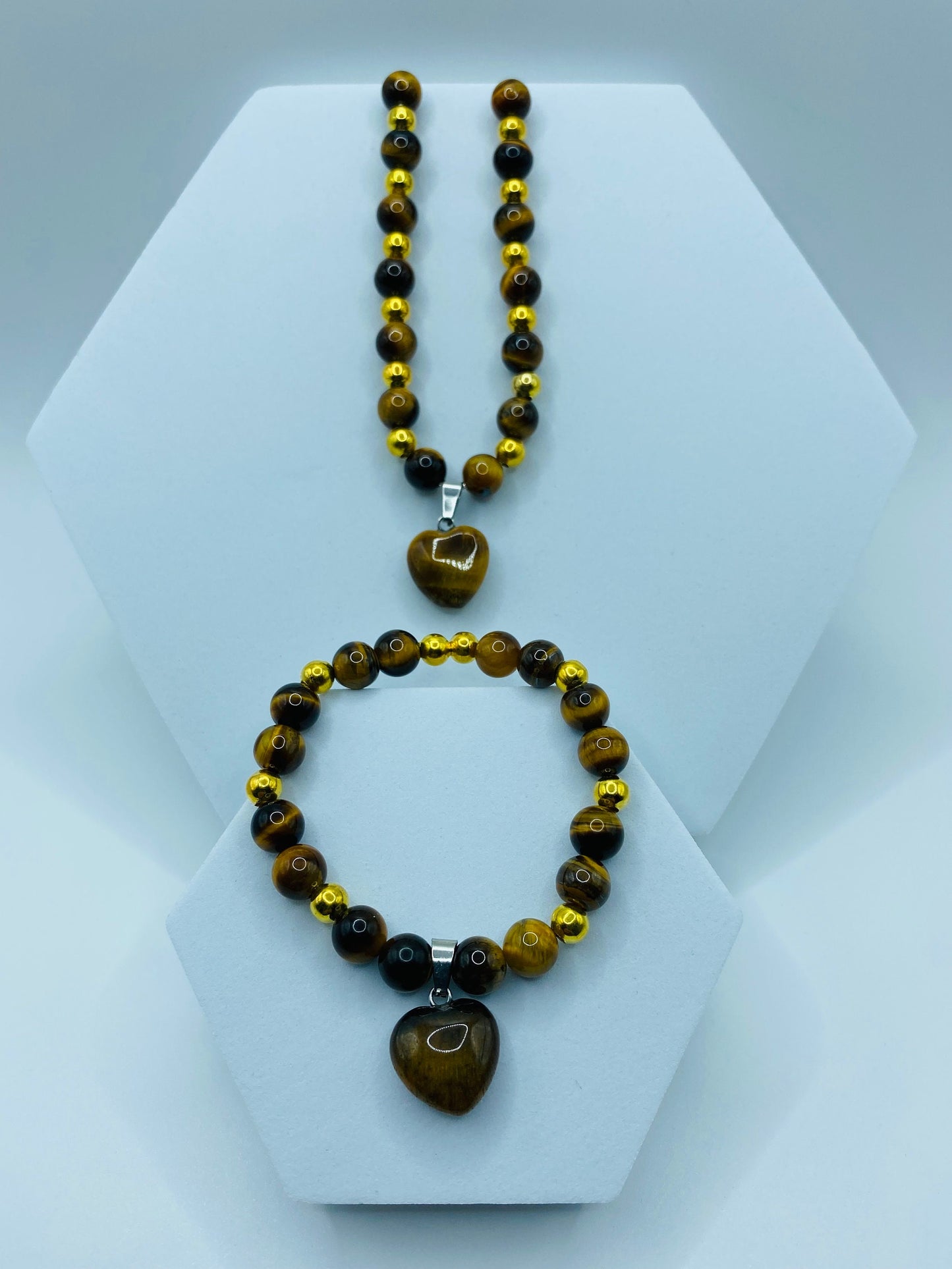 Tiger's Eye Heart Necklace & Bracelet Set: Gold Plated Hematite Beads