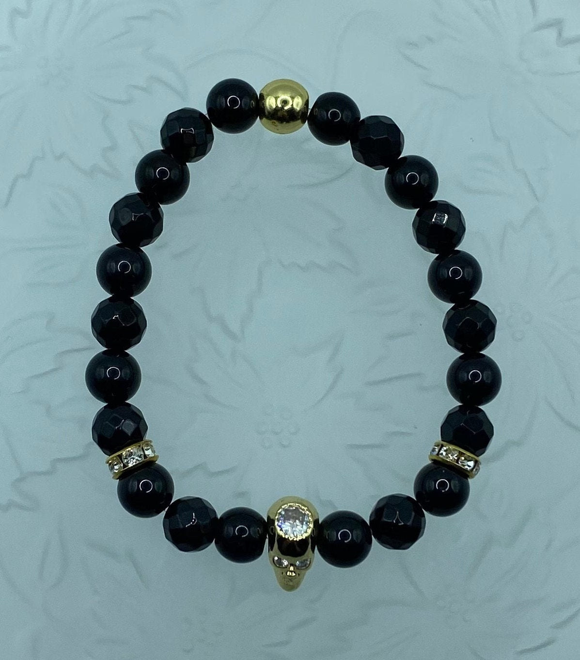 Black Onyx Bracelet: Golden CZ Skull Bead, Goth Jewelry