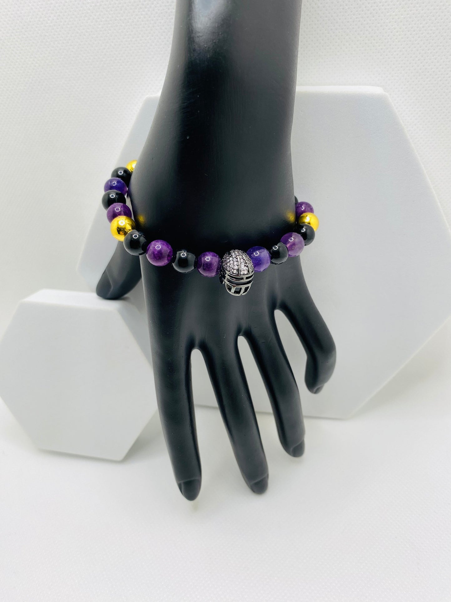 Mens Bracelet Baltimore Ravens Custom Jewelry with Football Helmet & Gemstone Beads, Gifts for him