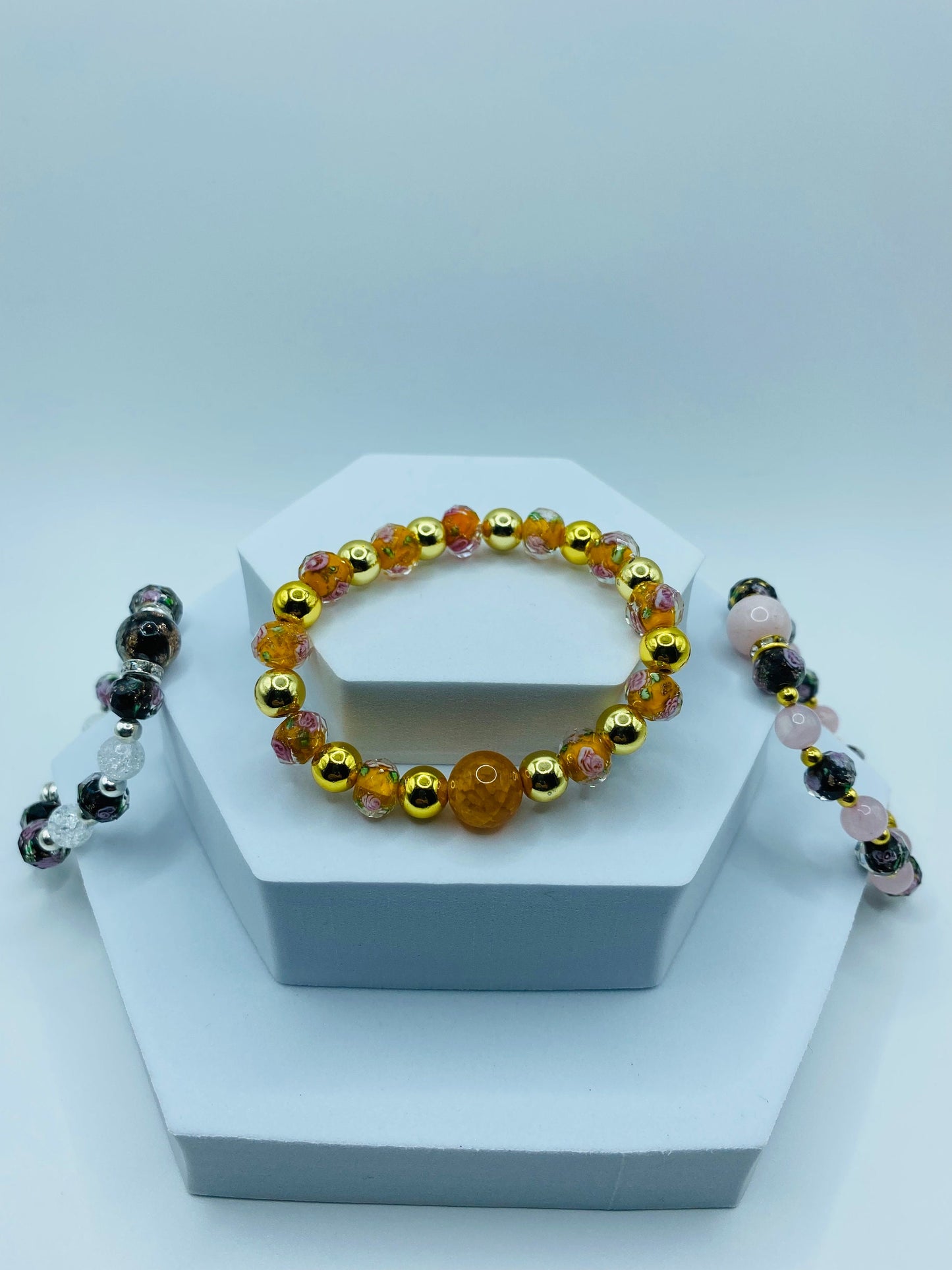 Handmade Fire Agate Bracelet: 18K Gold Hematite & Lampwork Floral Beads