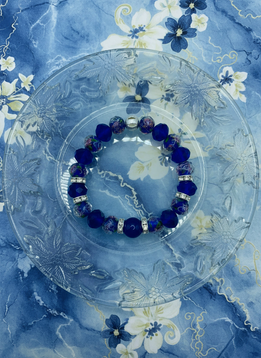 Blue Chalcedony Bracelet: Lampwork Floral Glass Beads, Rhinestone Accents