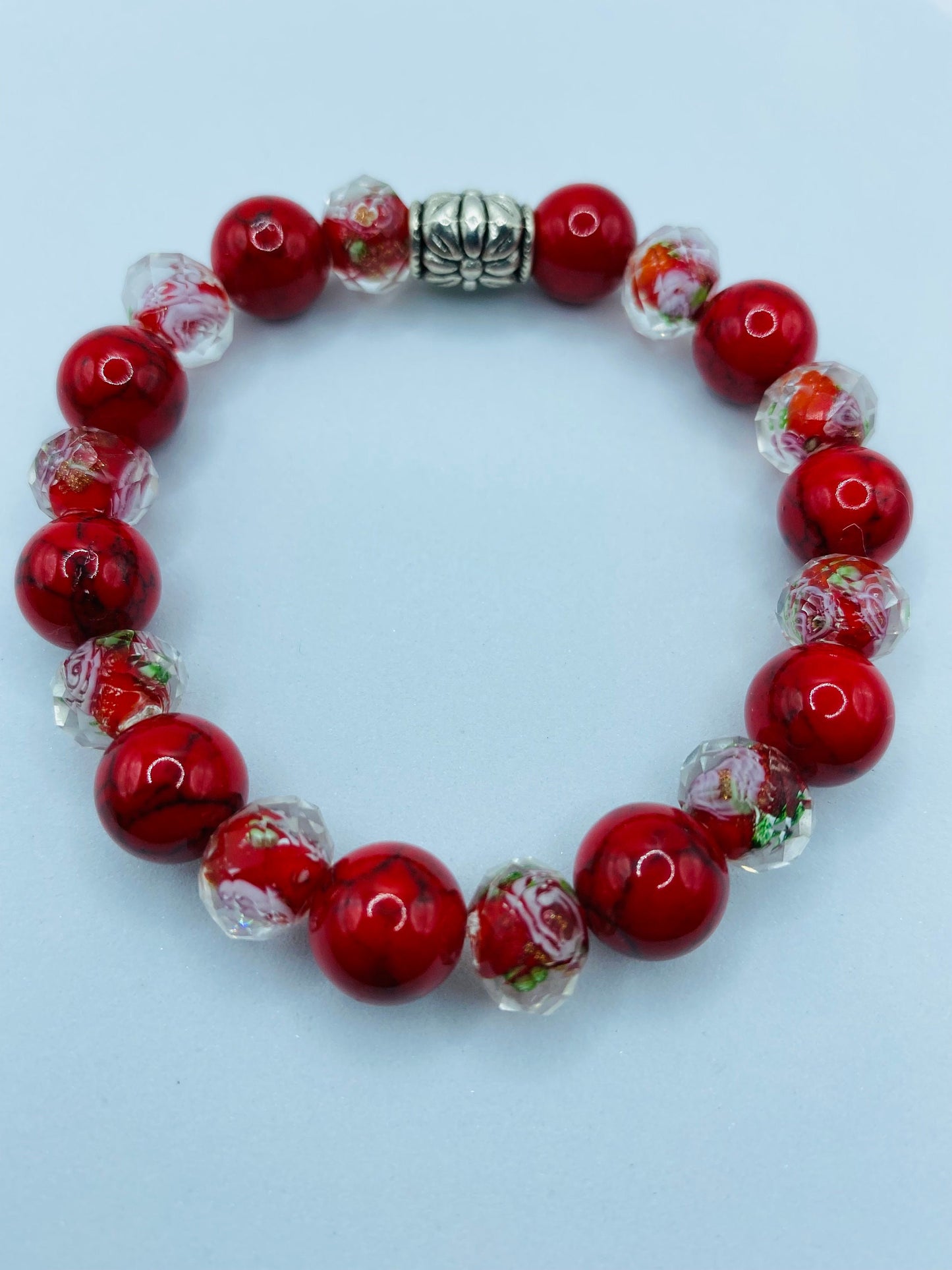 Red Turquoise Bracelet: Bohemian Lampwork Floral Glass Bead Jewelry